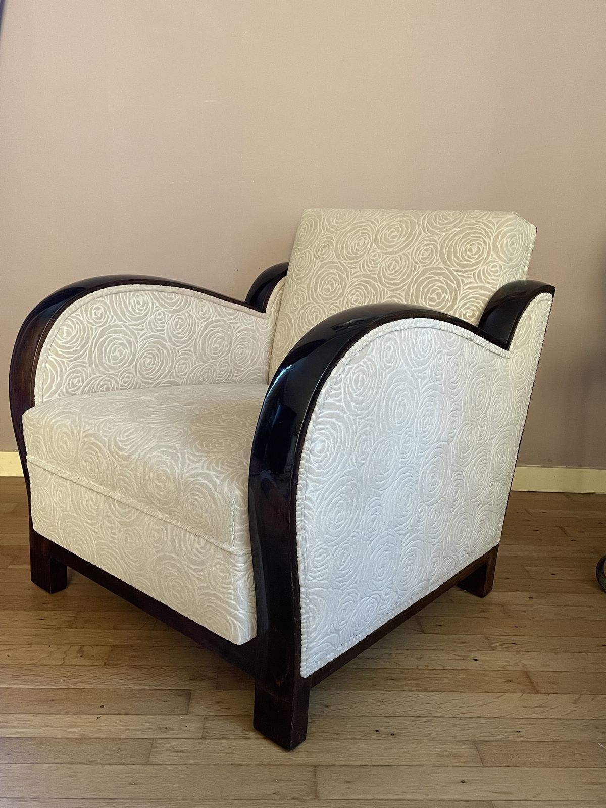 photo furniture Rosewood Tinted Art Deco Armchair With Ivory Colored Velvet
