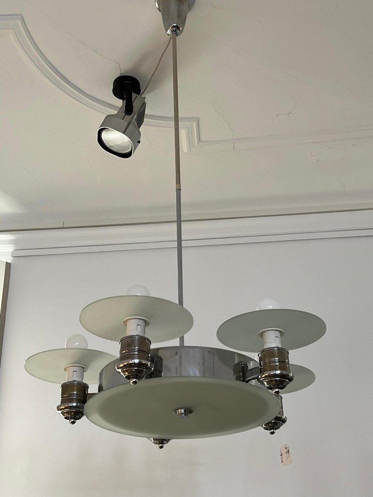 Large Art Deco Pendant Light In Factory Design From Napako, Czechoslovakia, 1930s photo for sale