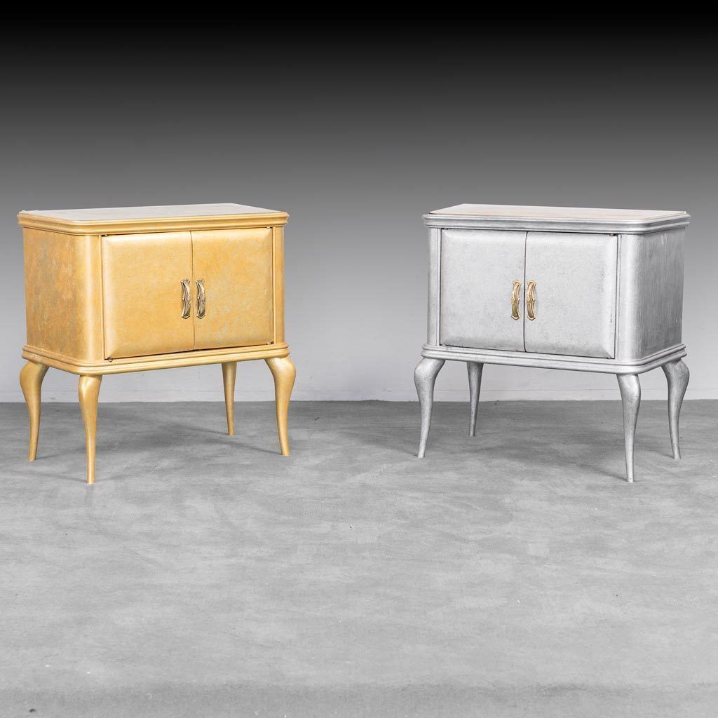 Pair Of 1950s Vintage Gold And Silver Wood Bedside Table