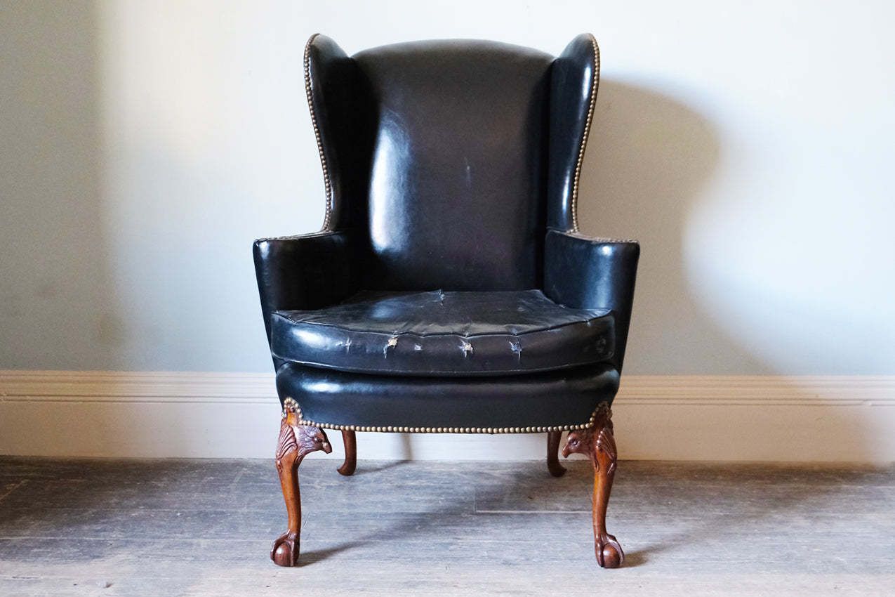 Black Leather Upholstered Wingback Armchair With Ball & Claw Feet photo furniture