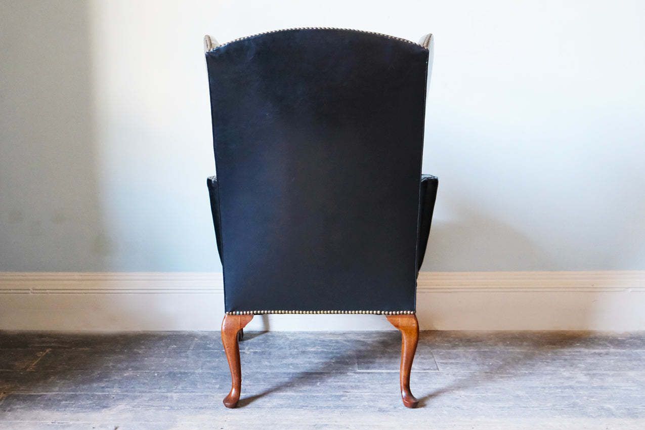 Black Leather Upholstered Wingback Armchair With Ball & Claw Feet photo vintage