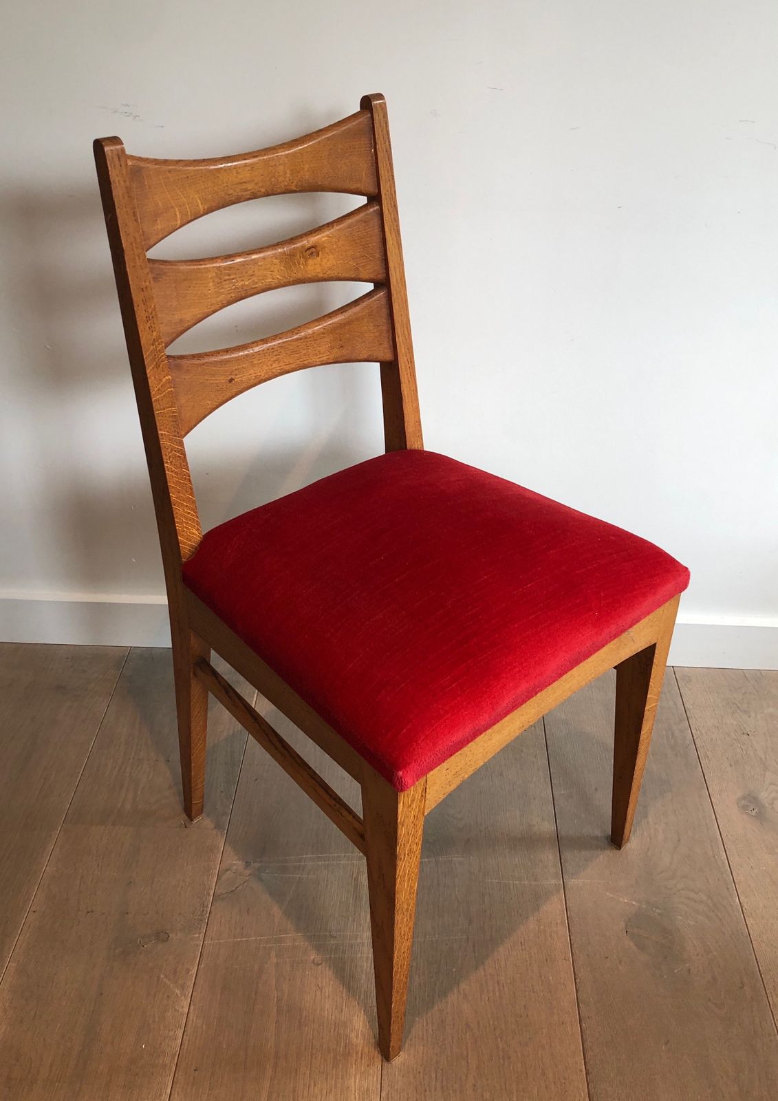 Suite Of 6 Oak Chairs And Red Velvet Seats photo for sale