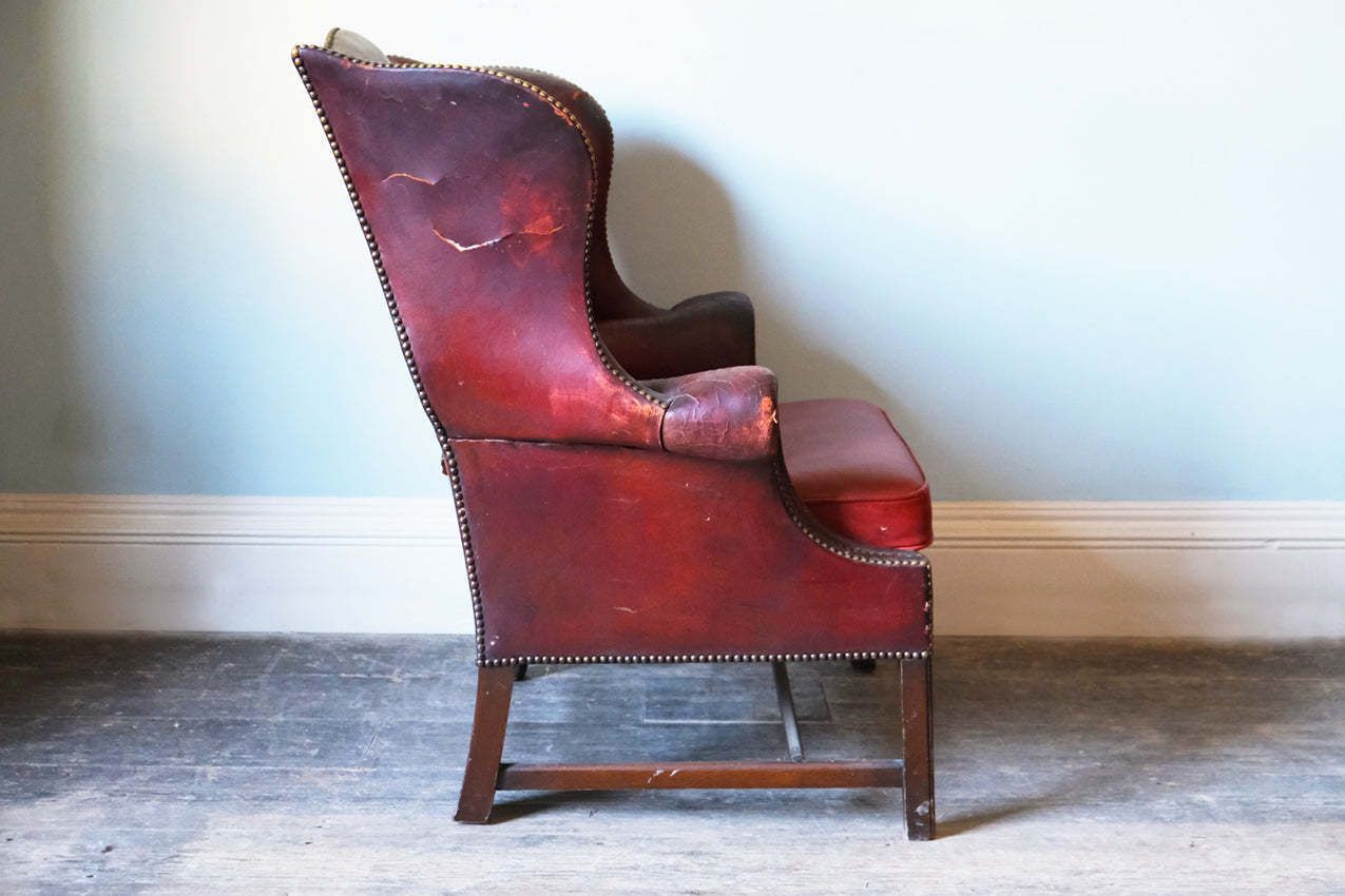 Georgian Red Leather Upholstered Wingback Armchair photo furniture