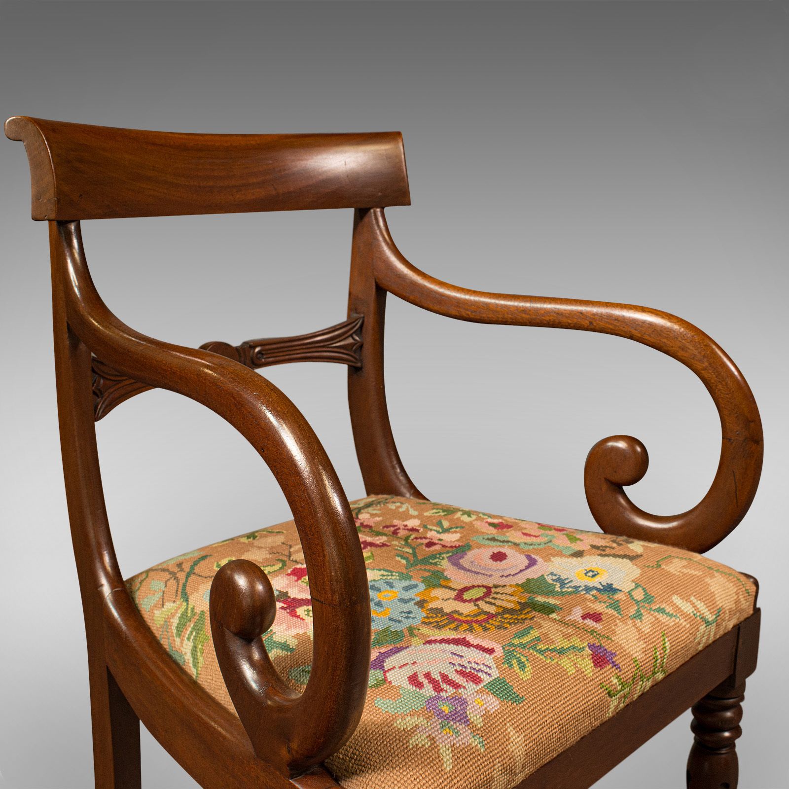 photo for sale Antique Scroll Arm Chair, English, Armchair, Needlepoint, Regency, C.1830