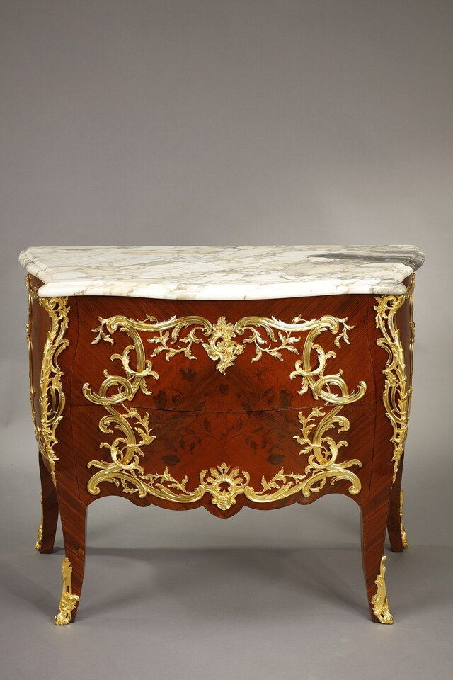 Louis XIV Style Curved Commode With Marquetry And Gilt Bronze Decoration