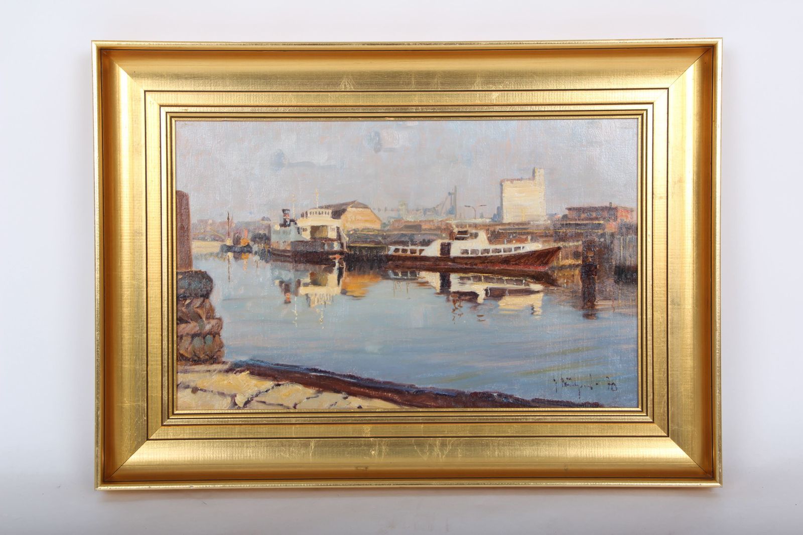 Harbor Motif, Oil Painting By Gunnar Bundgaard 1970, Denmark