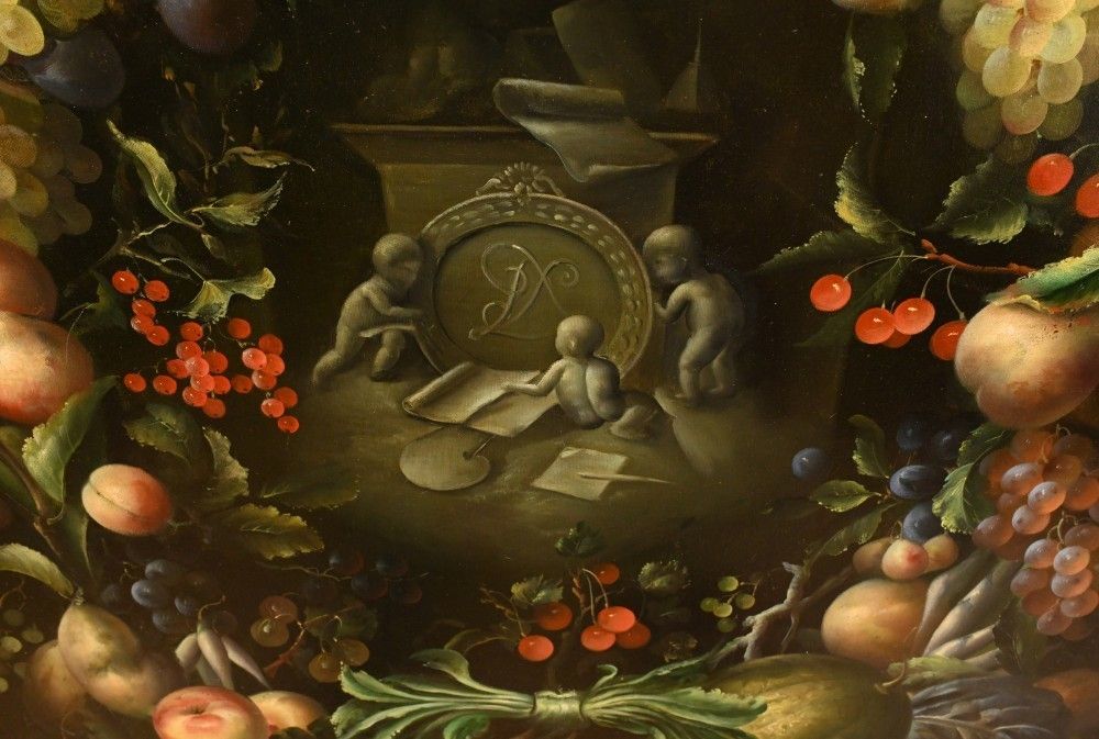 Victorian Cherub Floral Still Life Oil Painting photo for sale