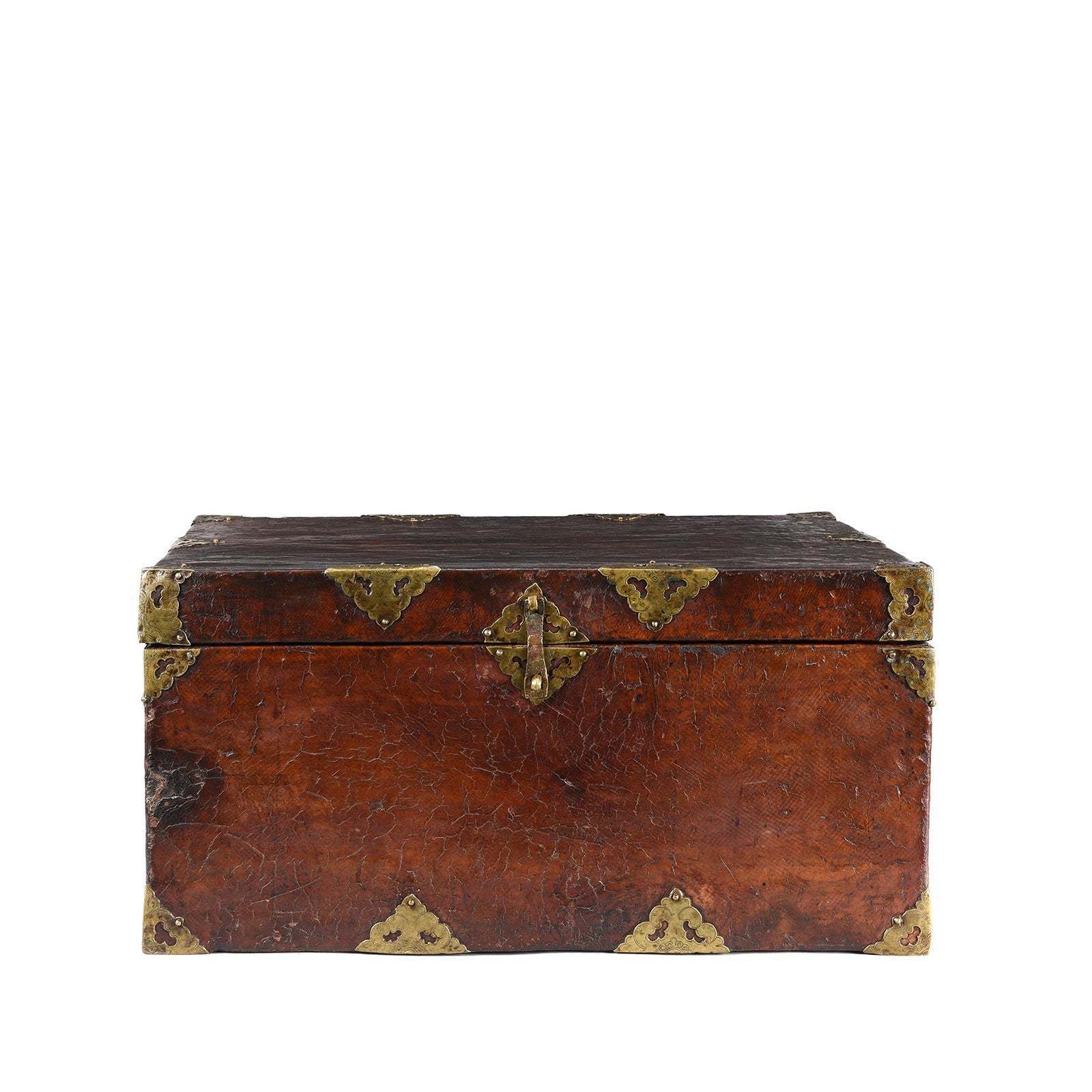 Tibetan Brass Bound Leather Trunk   19thc