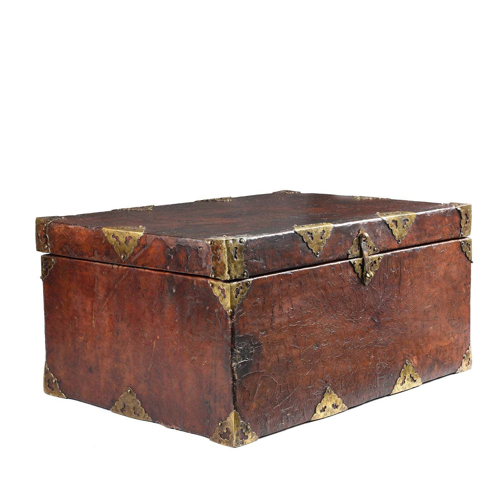 Tibetan Brass Bound Leather Trunk   19thc photo furniture