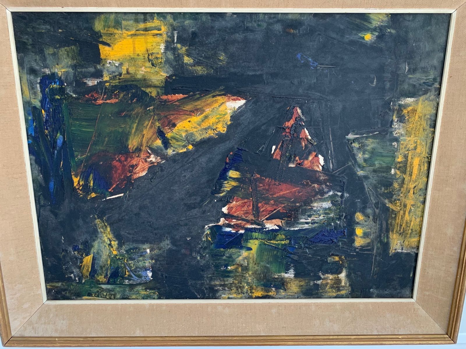 Interesting Midcentury British Modernist Impasto Oil On Board Painting In Original Period Frame photo furniture