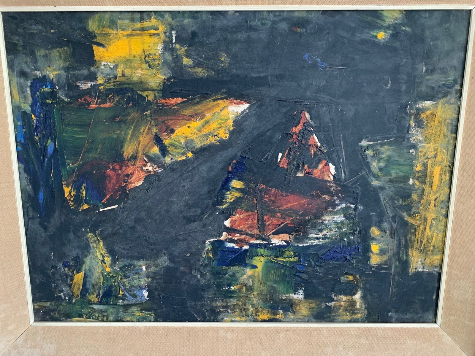 Interesting Midcentury British Modernist Impasto Oil On Board Painting In Original Period Frame photo for sale