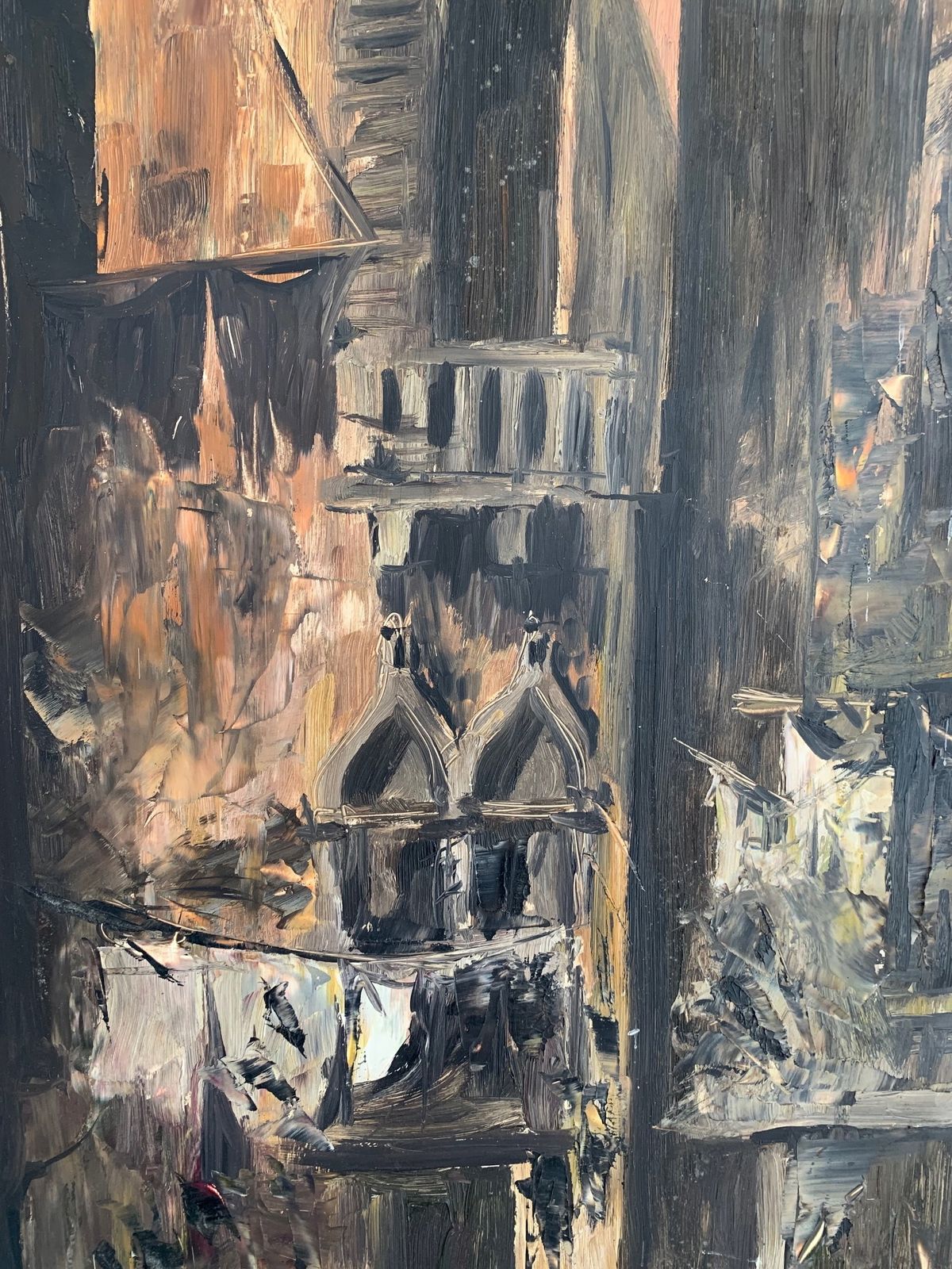 Interesting Midcentury Oil On Board Painting With Influences Of John Piper And Frank Auerbach, Signed Clarke '71 photo for sale