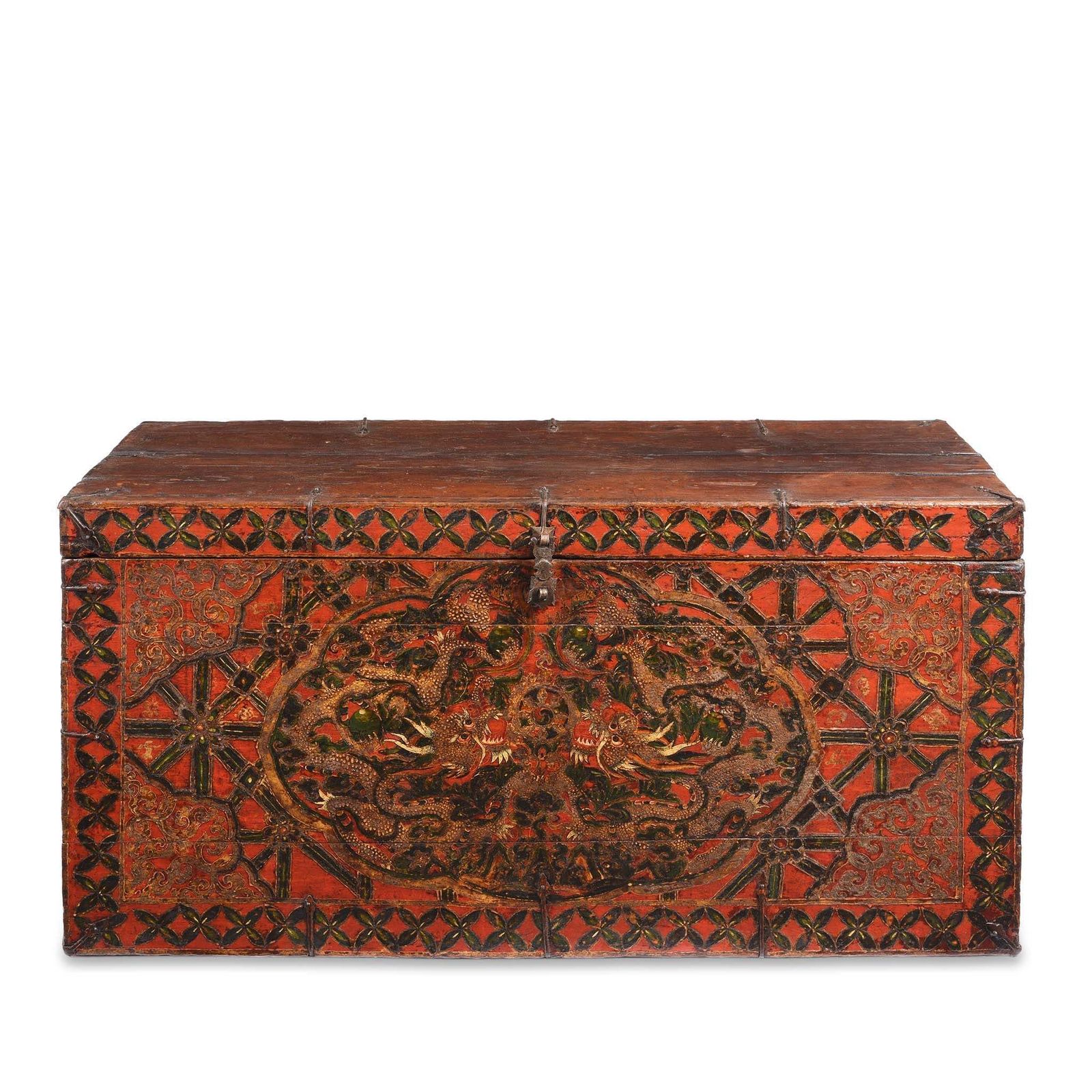 Antique Painted Tibetan 'Double Dragon' Storage Chest 17th Century photo furniture