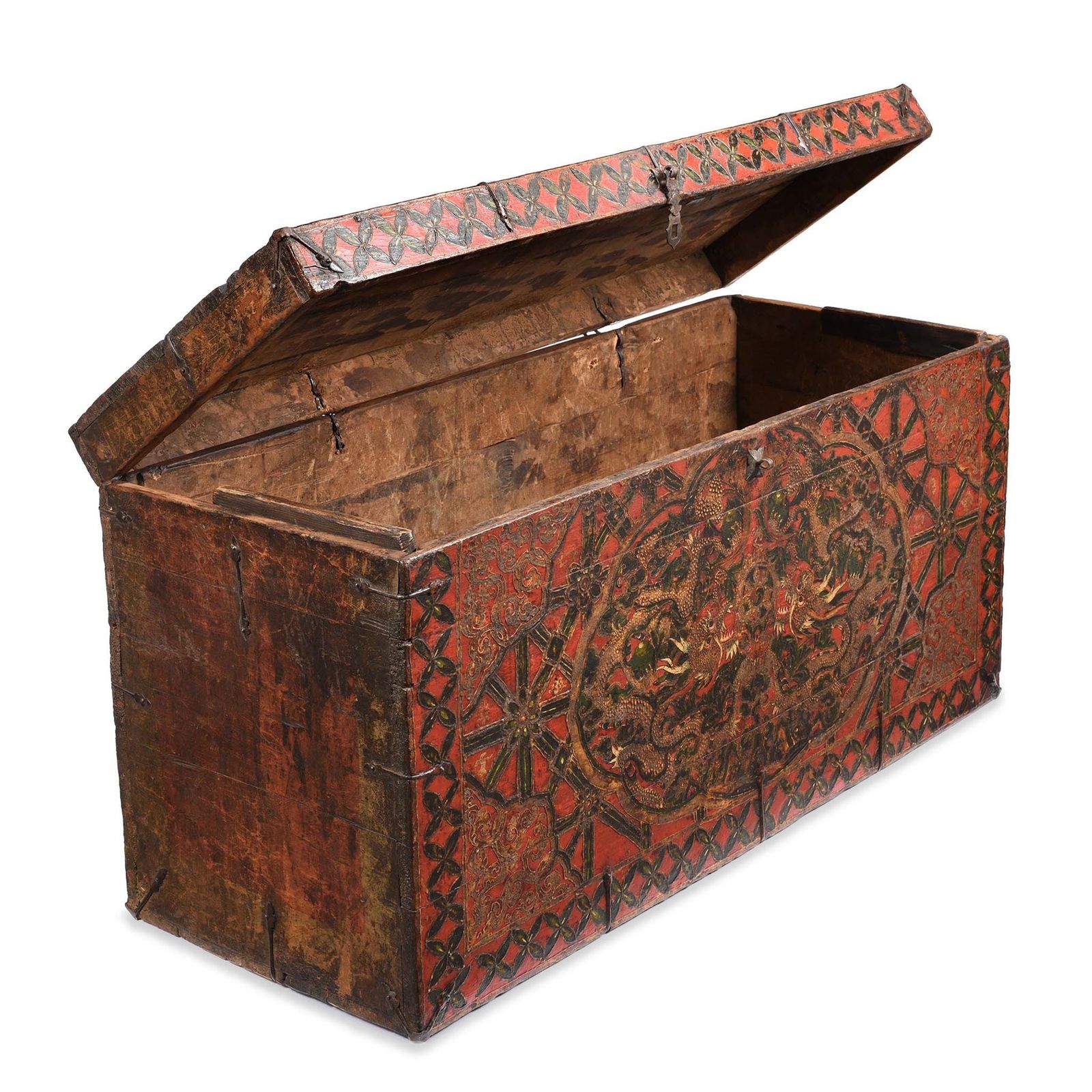 photo for sale Antique Painted Tibetan 'Double Dragon' Storage Chest 17th Century