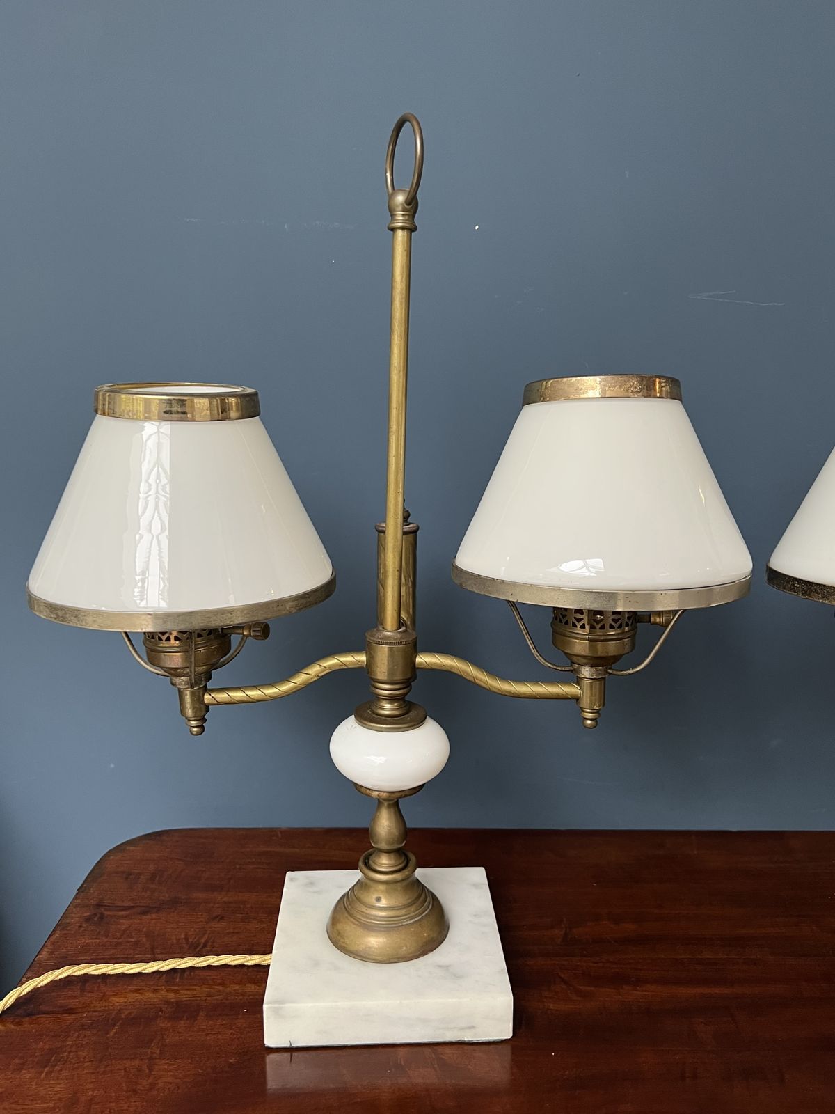 A Pair Of Twin Sconce Brass And Marble Lamps With Milk Glass Shades   Mid 20th Century photo furniture