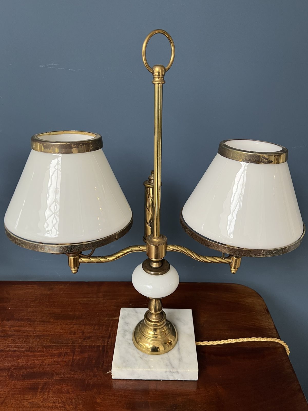 A Pair Of Twin Sconce Brass And Marble Lamps With Milk Glass Shades   Mid 20th Century photo Lighting