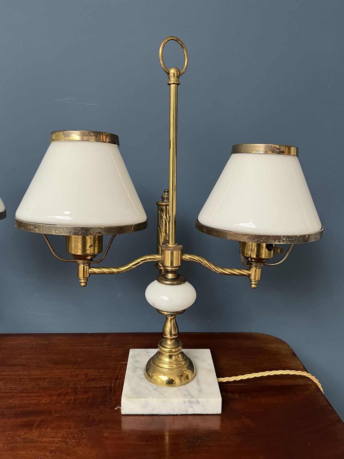 A Pair Of Twin Sconce Brass And Marble Lamps With Milk Glass Shades   Mid 20th Century photo vinterior