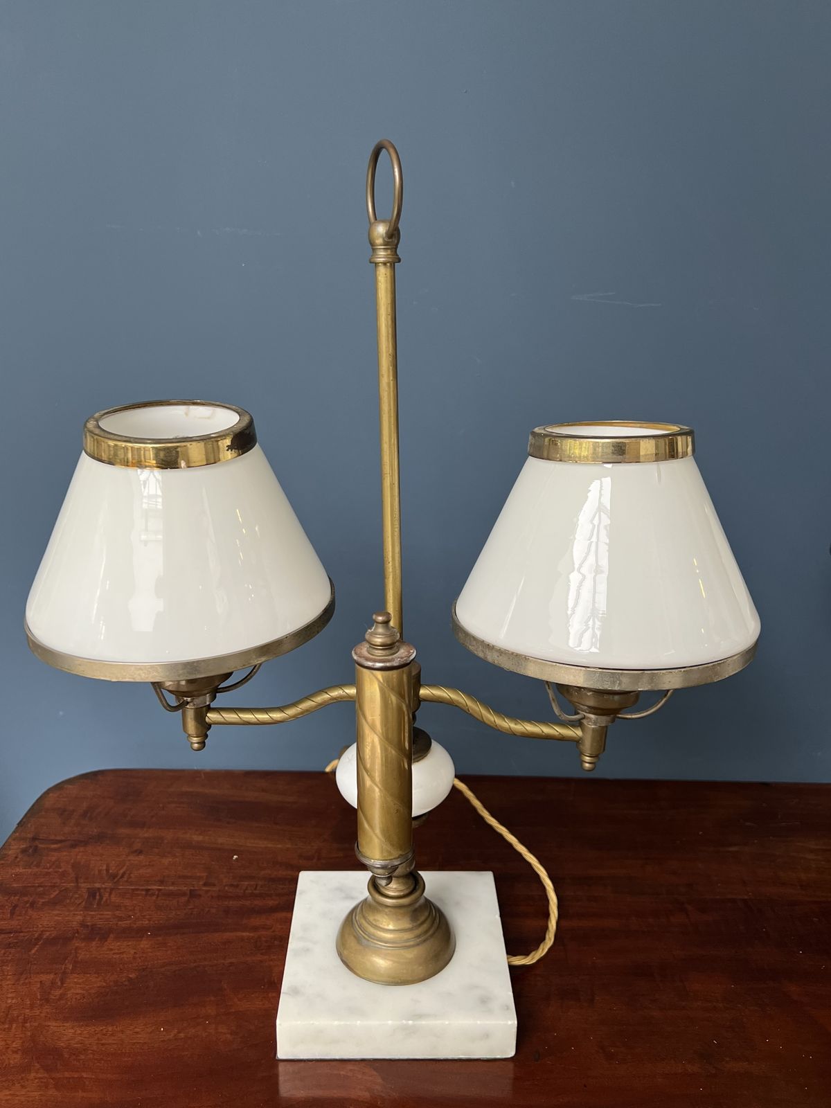 A Pair Of Twin Sconce Brass And Marble Lamps With Milk Glass Shades   Mid 20th Century photo buy