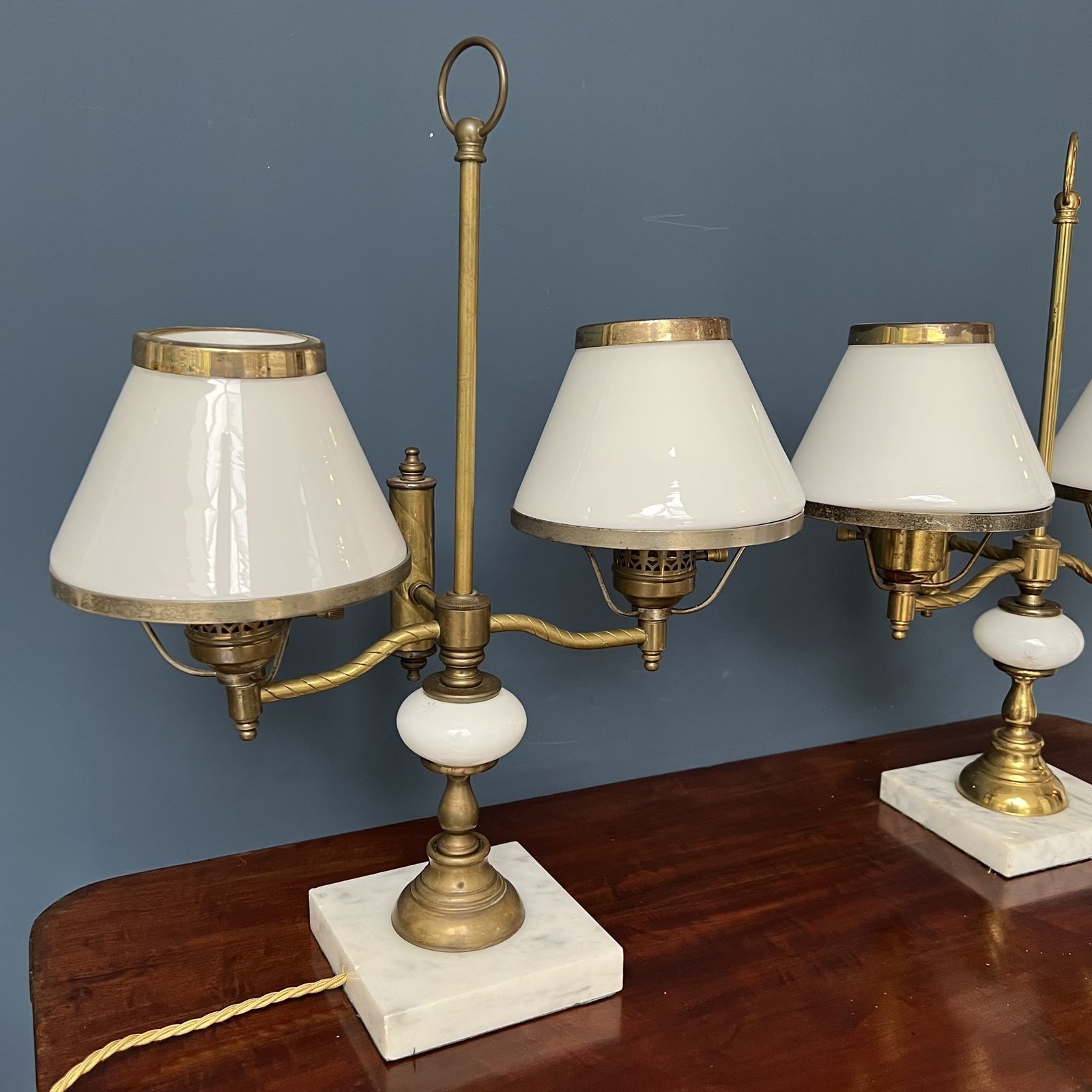 photo furniture A Pair Of Twin Sconce Brass And Marble Lamps With Milk Glass Shades   Mid 20th Century