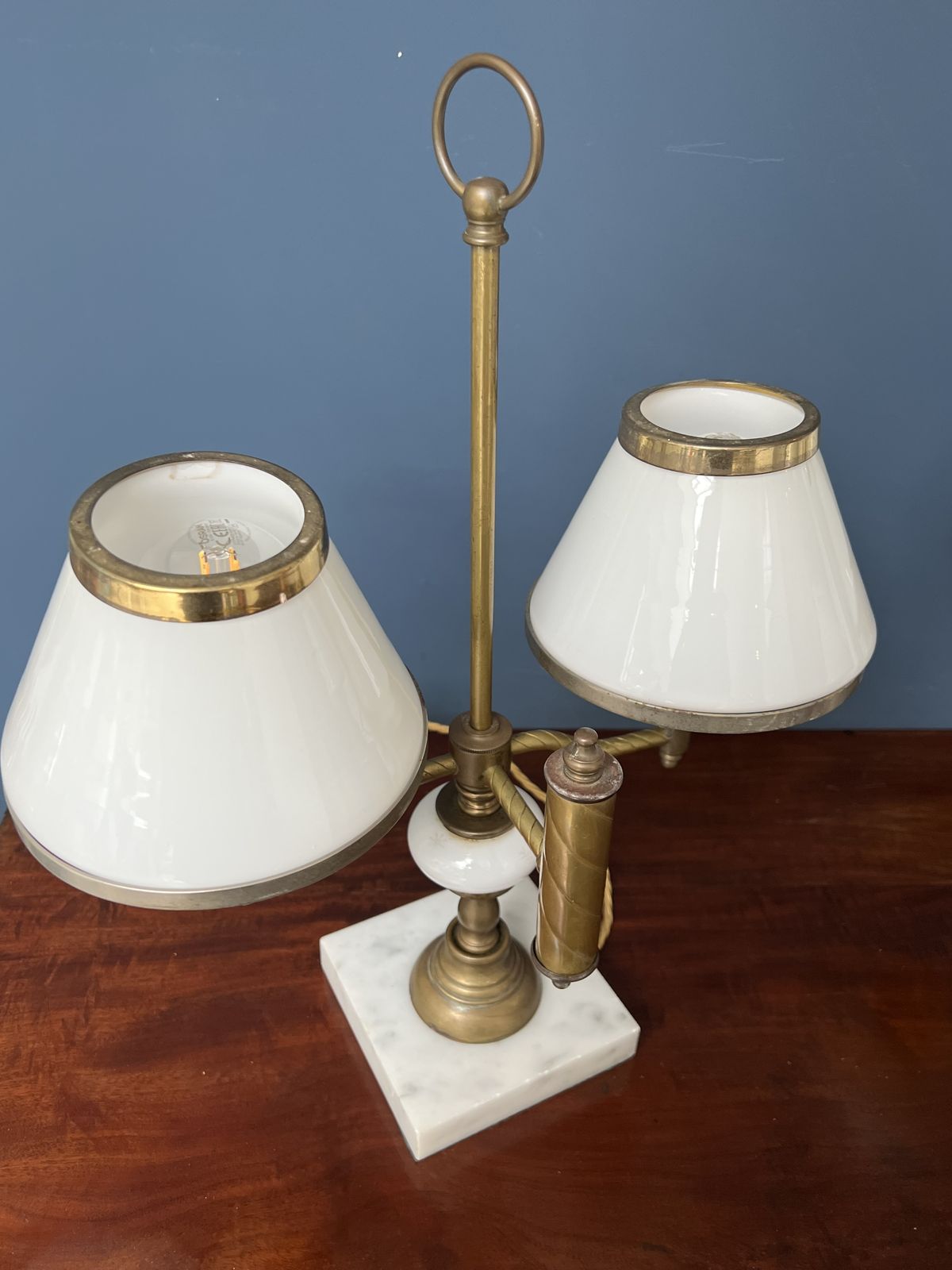 photo buy A Pair Of Twin Sconce Brass And Marble Lamps With Milk Glass Shades   Mid 20th Century