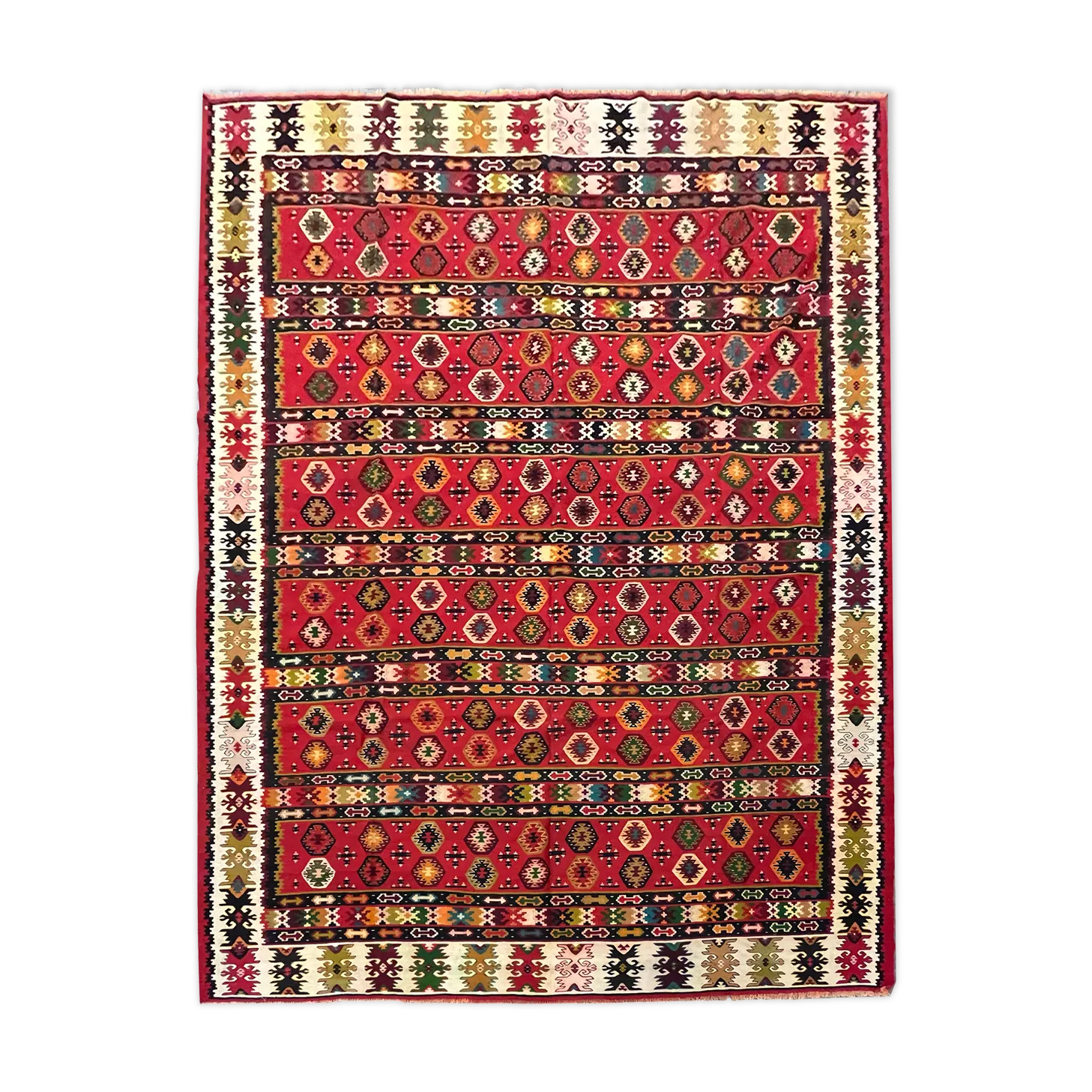 Antique Turkish Pirot Kilim Rug Handwoven Red Wool Flatwoven Rug