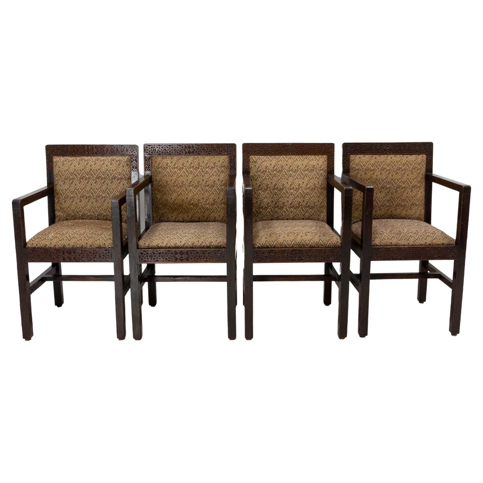Four Moroccan Armchairs Art Deco Circa 1930 Carved Pine