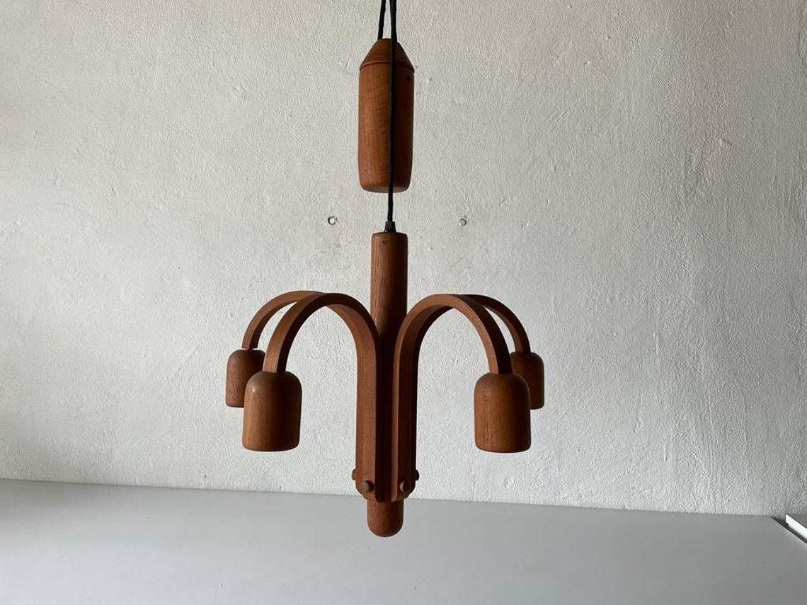 Teak 5 Armed Sputnik Counterweight Pendant Lamp By Domus 1970s, Italy photo furniture