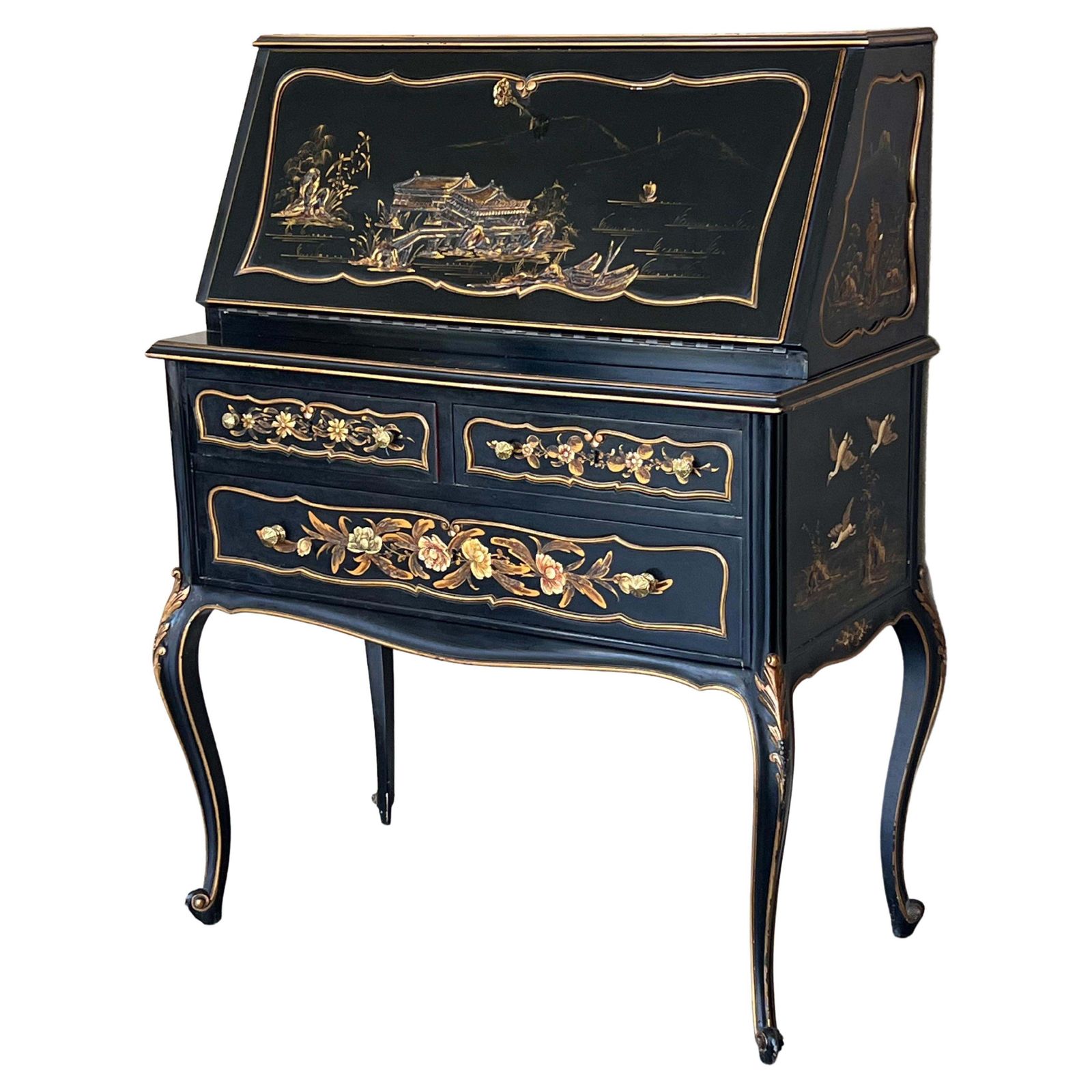 Chippendale Style Slant Top Desk In Black Lacquered Wood, Circa 1900