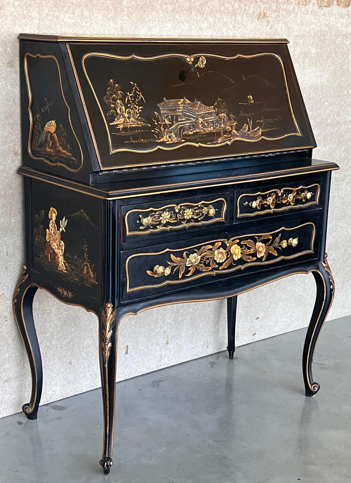 Chippendale Style Slant Top Desk In Black Lacquered Wood, Circa 1900 photo Furniture