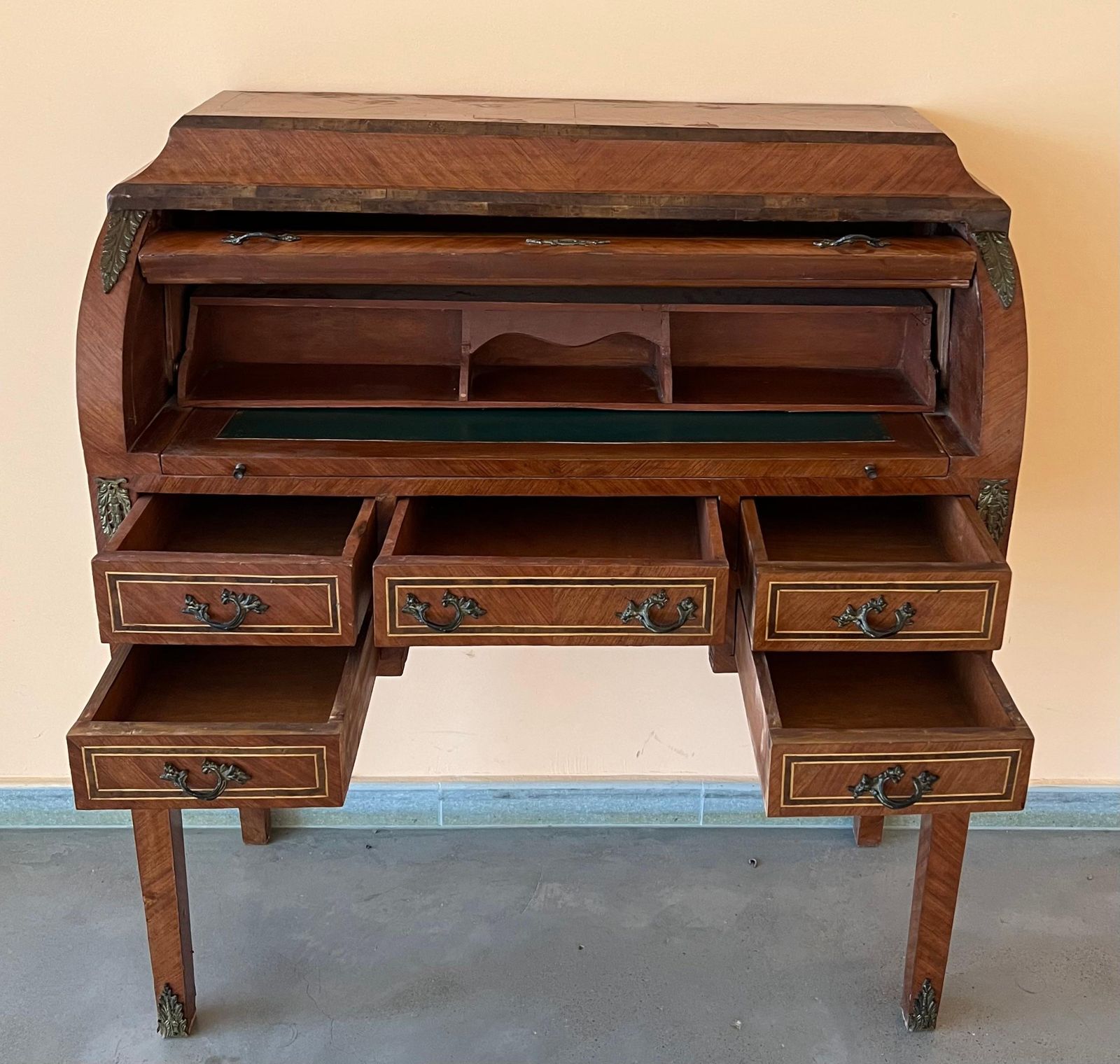 Sheraton Revival Cylinder Bureau, Writing Desk With Marquetry, Circa 1890 photo vintage