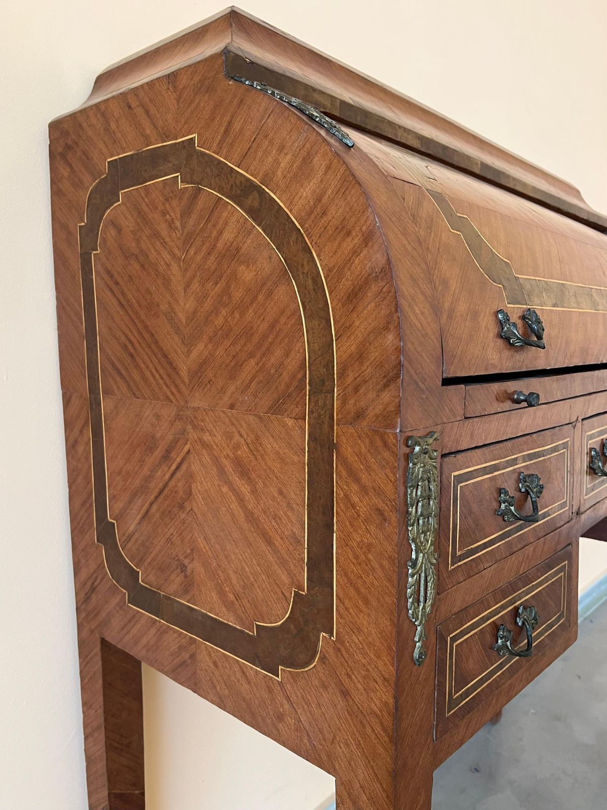 Furniture Sheraton Revival Cylinder Bureau, Writing Desk With Marquetry, Circa 1890 photo