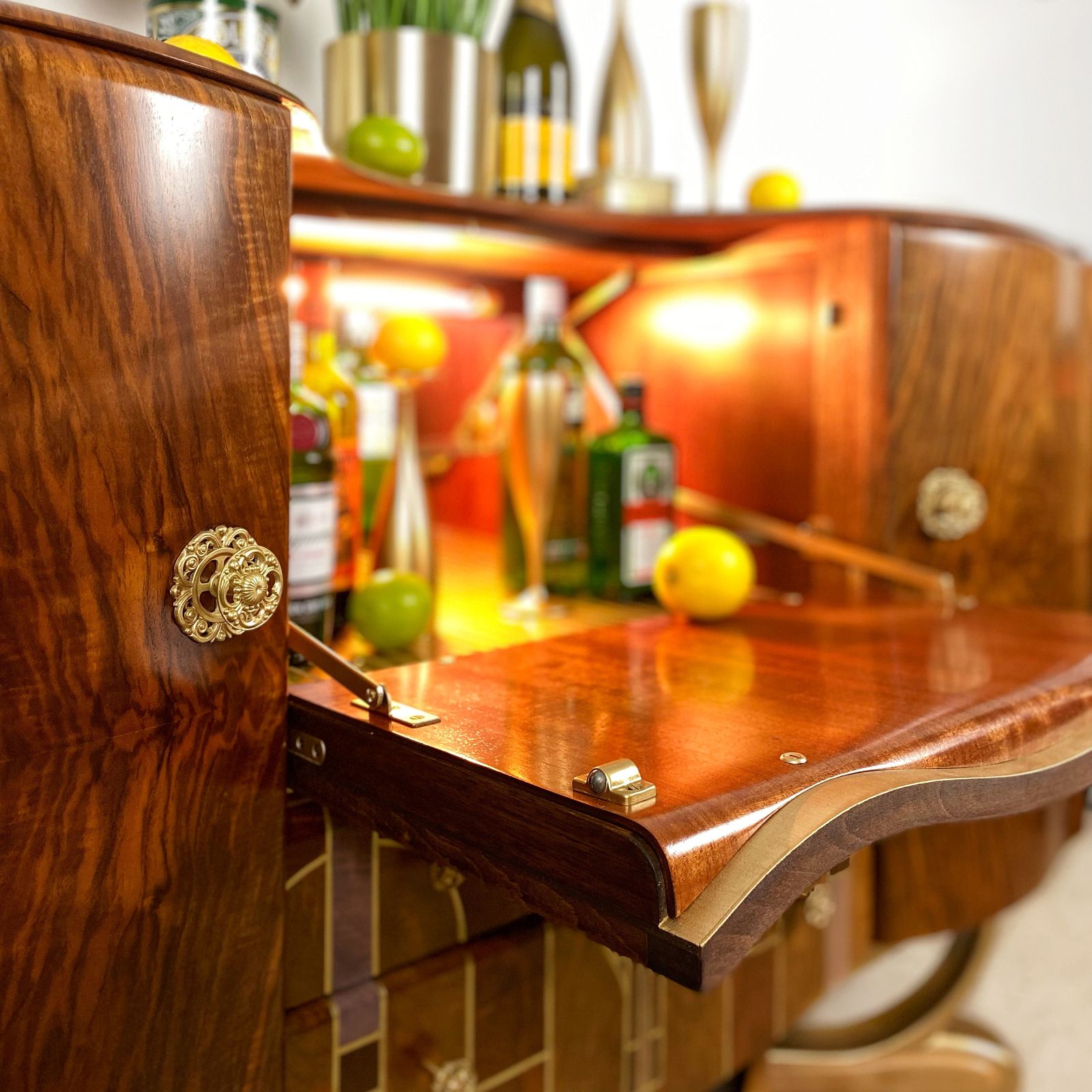Art Deco Beautility Walnut Cocktail Cabinet With Geometric Marquetry Style Sunrise Design photo Furniture