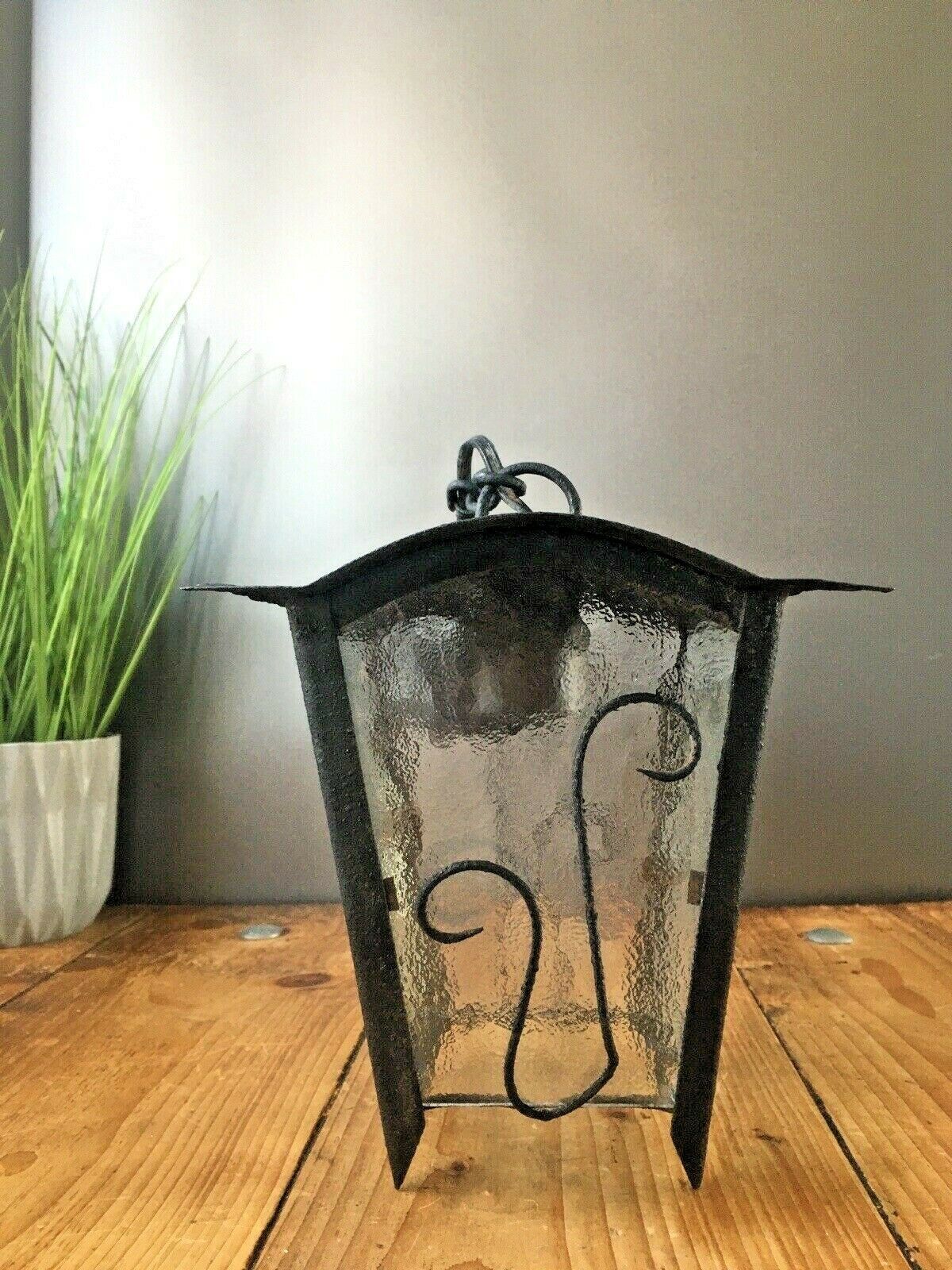 Antique French Art Nouveau Iron & Glass Hanging Porch Lantern Lamp Light Gothic photo vinterior