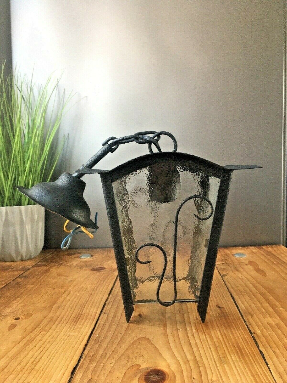 Antique French Art Nouveau Iron & Glass Hanging Porch Lantern Lamp Light Gothic photo vintage