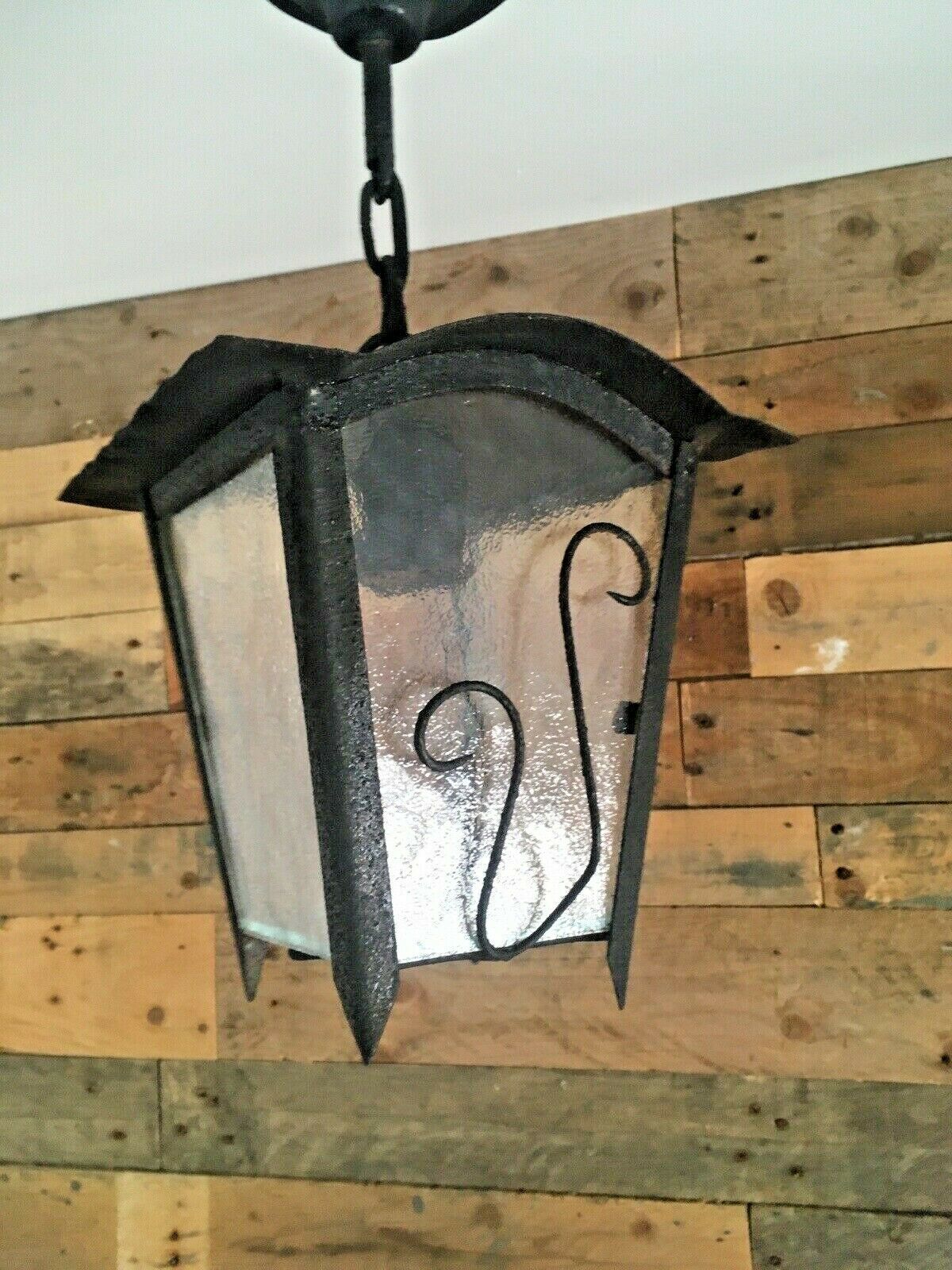 175.0 Antique French Art Nouveau Iron & Glass Hanging Porch Lantern Lamp Light Gothic photo