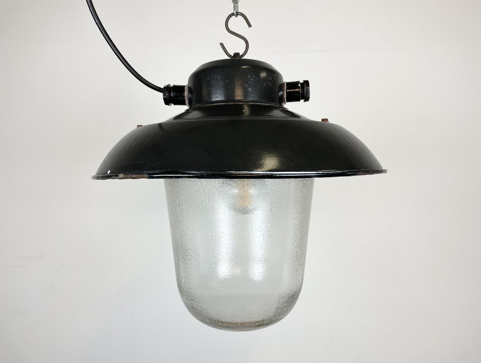Industrial Black Enamel Factory Hanging Lamp, 1960s photo for sale