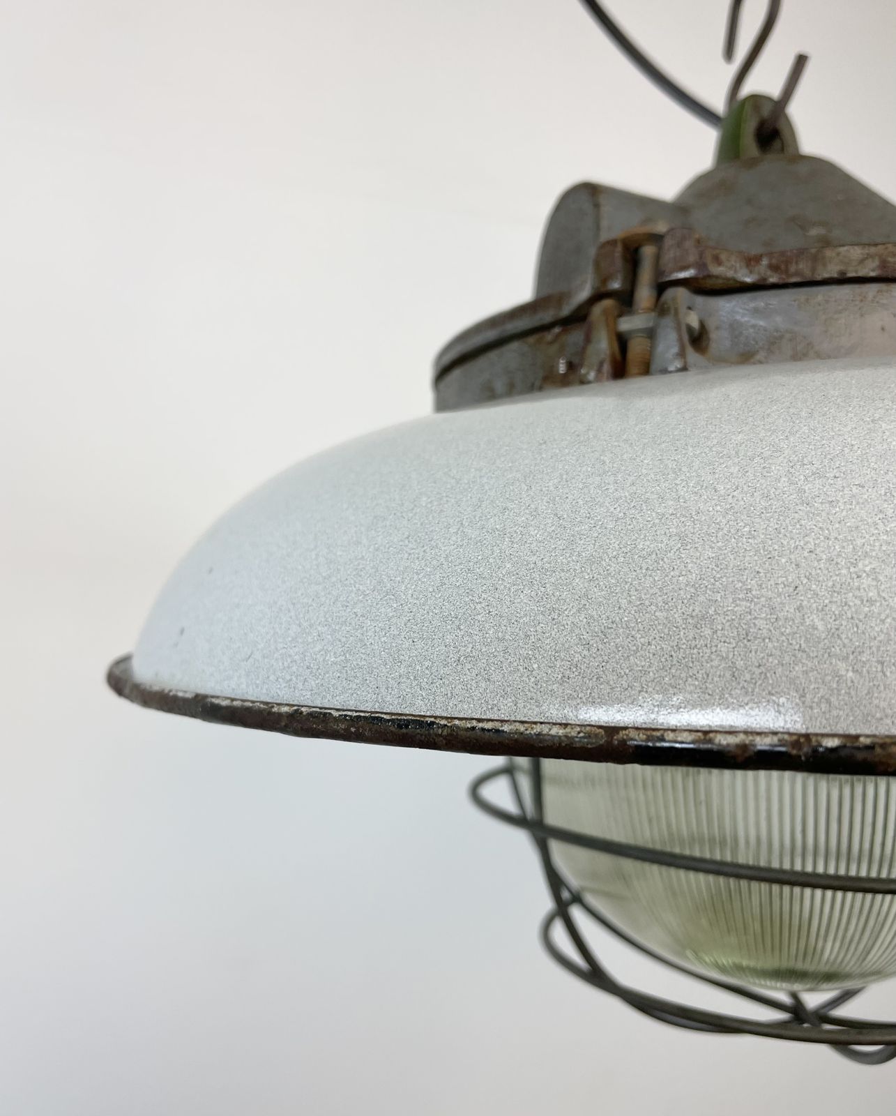 Industrial Grey Enamel Factory Cage Pendant Lamp In Cast Iron From Zaos, 1960s, 25x photo furniture
