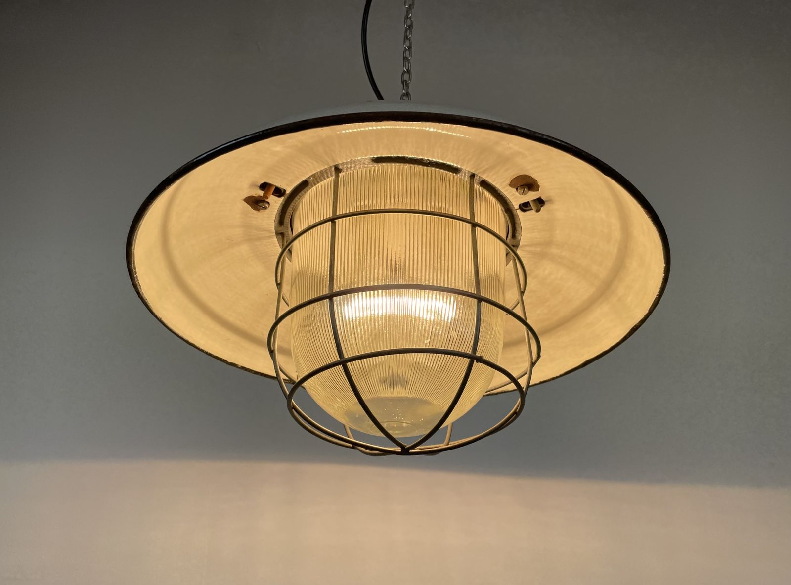 photo vinterior Industrial Grey Enamel Factory Cage Pendant Lamp In Cast Iron From Zaos, 1960s, 25x