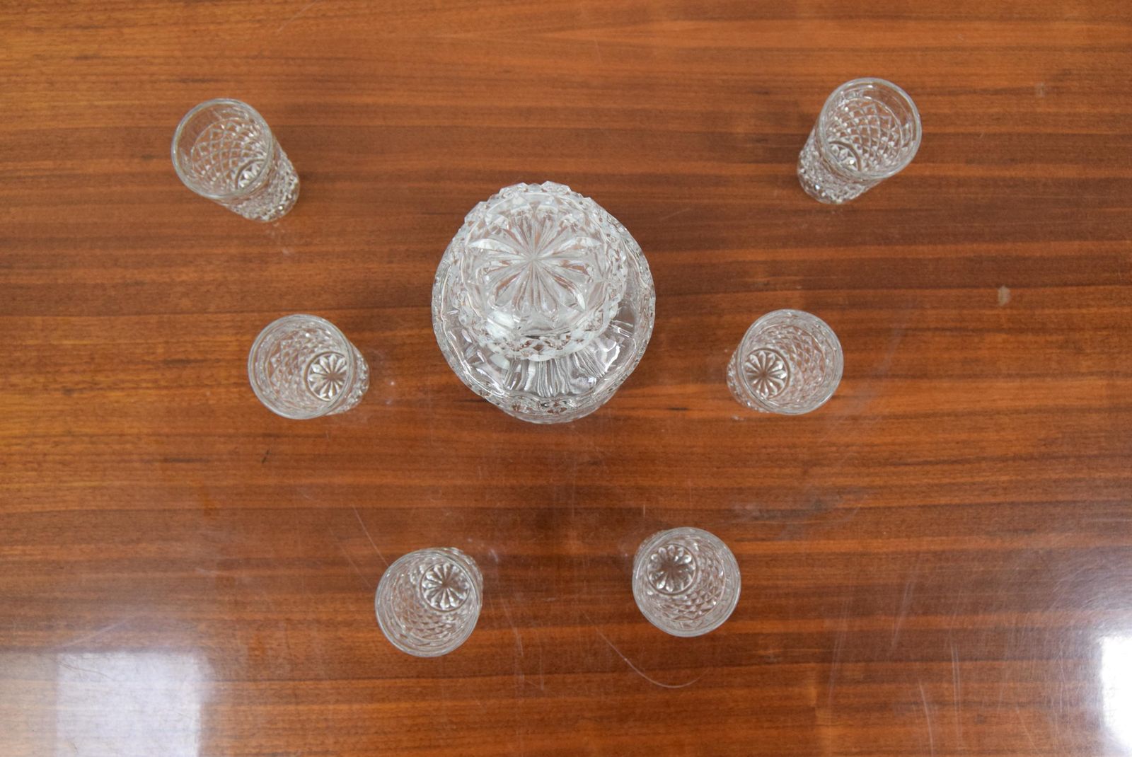 Mid Century Set Of Six Glass And Carafe, Bohemia Crystal, 1950´S photo Home Decor
