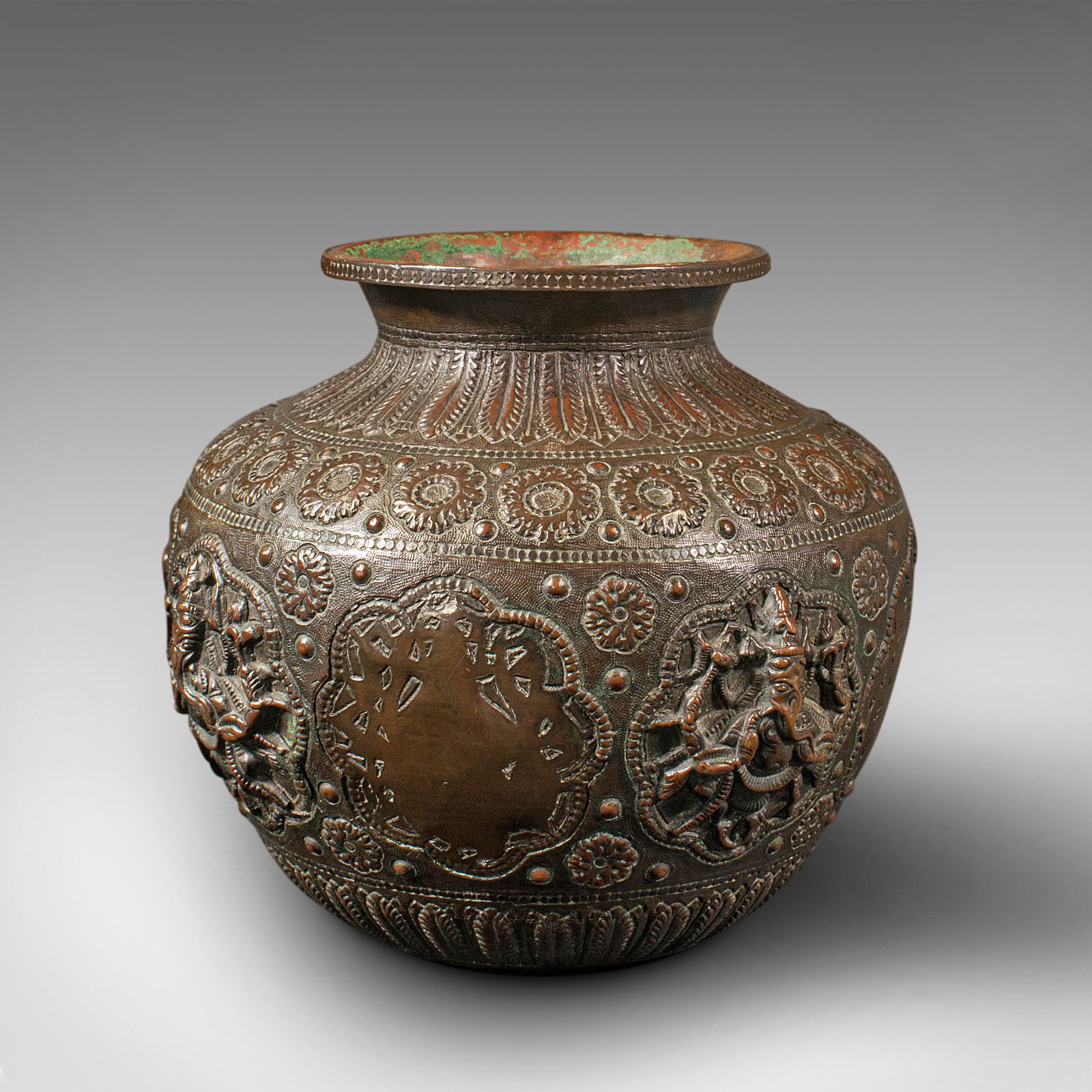 Antique Celebration Pot, Indian, Bronze, Diwali Vase, Ganesh, Lakshmi