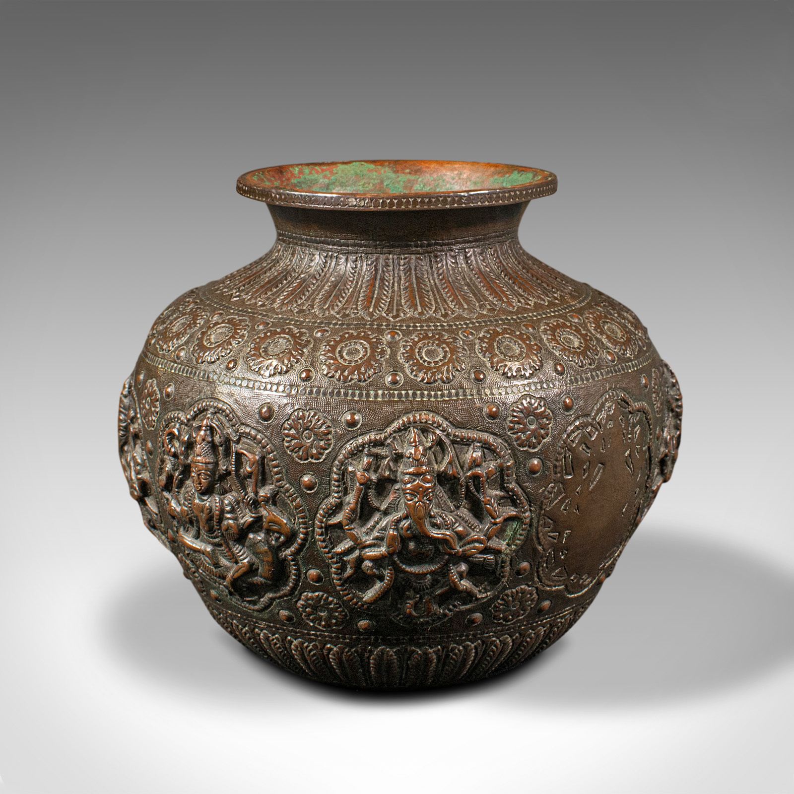 Antique Celebration Pot, Indian, Bronze, Diwali Vase, Ganesh, Lakshmi photo vintage