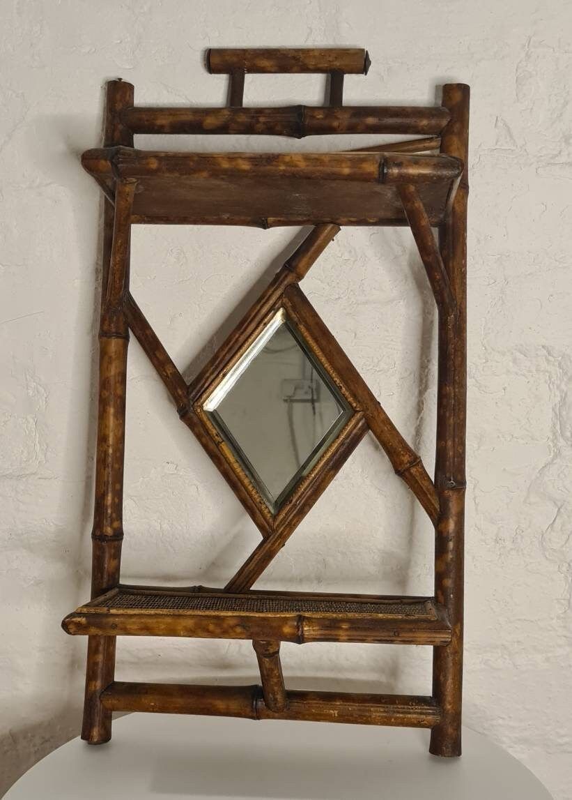 Antique Arts And Crafts  Aesthetic Movement Tiger Bamboo Hallway Mirror With Shelves