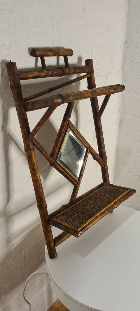 Antique Arts And Crafts  Aesthetic Movement Tiger Bamboo Hallway Mirror With Shelves photo 220.0