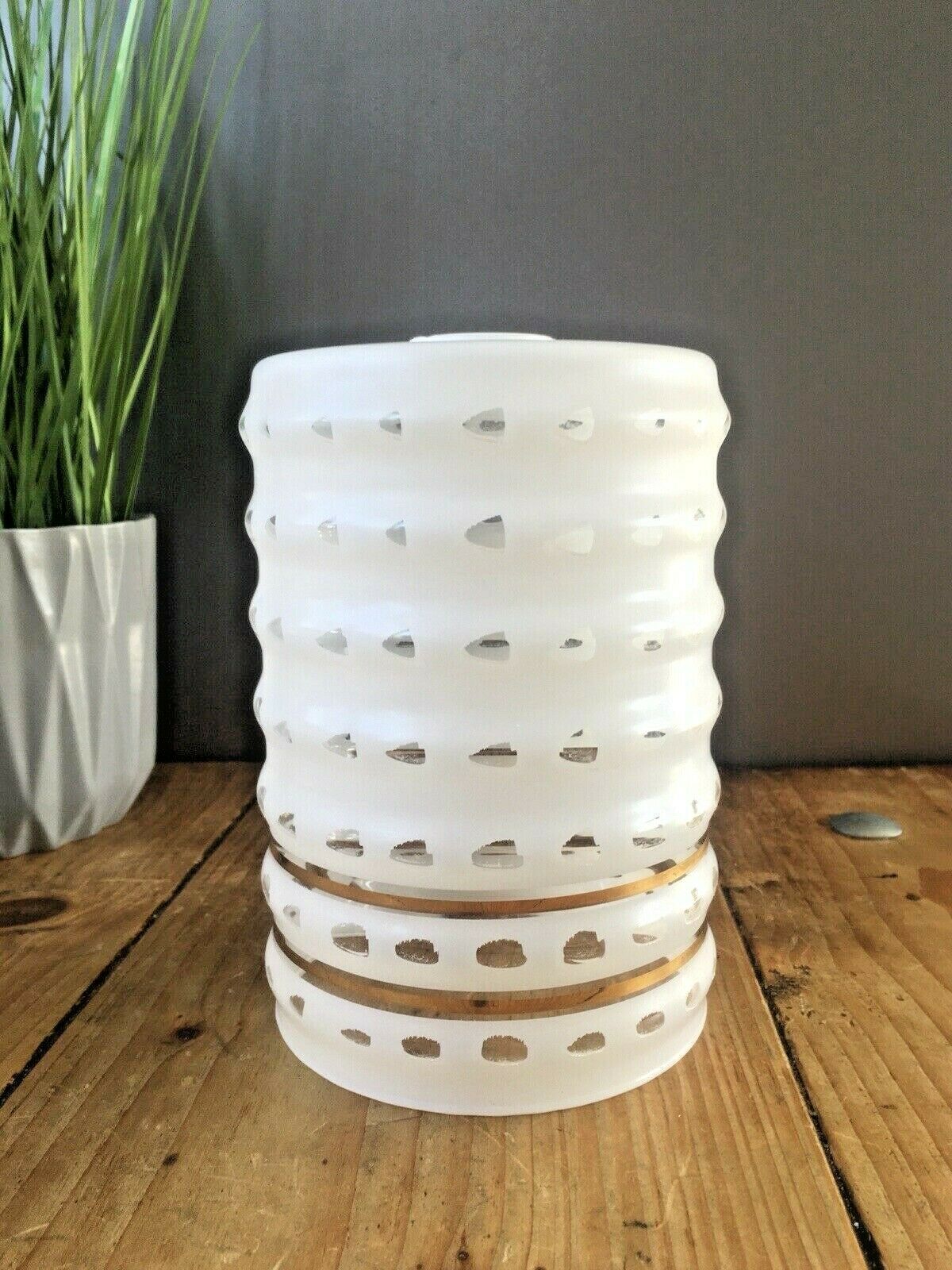 Retro 70's White Glass Gold Bands Rippled Light Lamp Shade Op Art Mid Century photo furniture