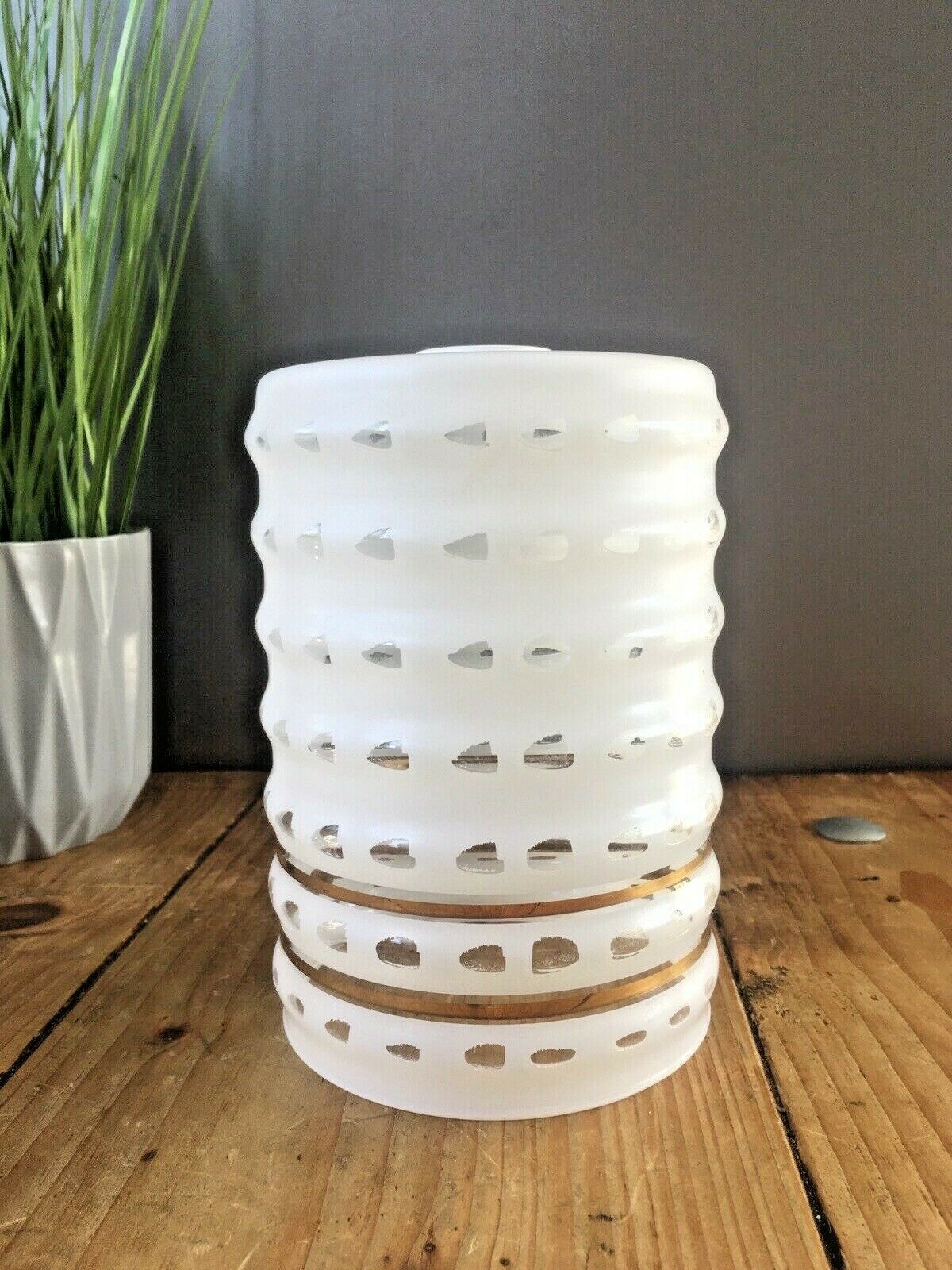 Retro 70's White Glass Gold Bands Rippled Light Lamp Shade Op Art Mid Century photo for sale