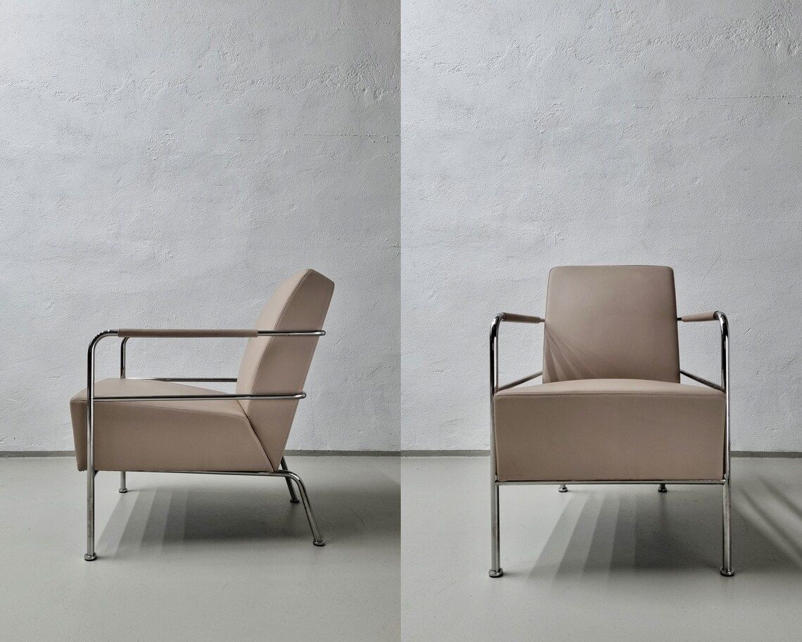 2 Leather Chrome Lounge Chairs | Cinema | Gunilla Allard | Lammhults | Sweden | 1990s