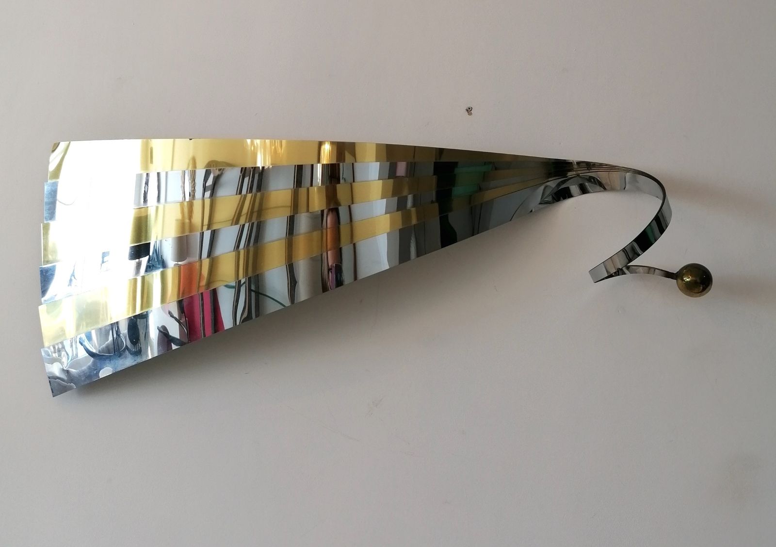Rare 1989 Postmodern Gold & Chrome Ribbon Wall Sculpture By Curtis Jere, USA photo furniture