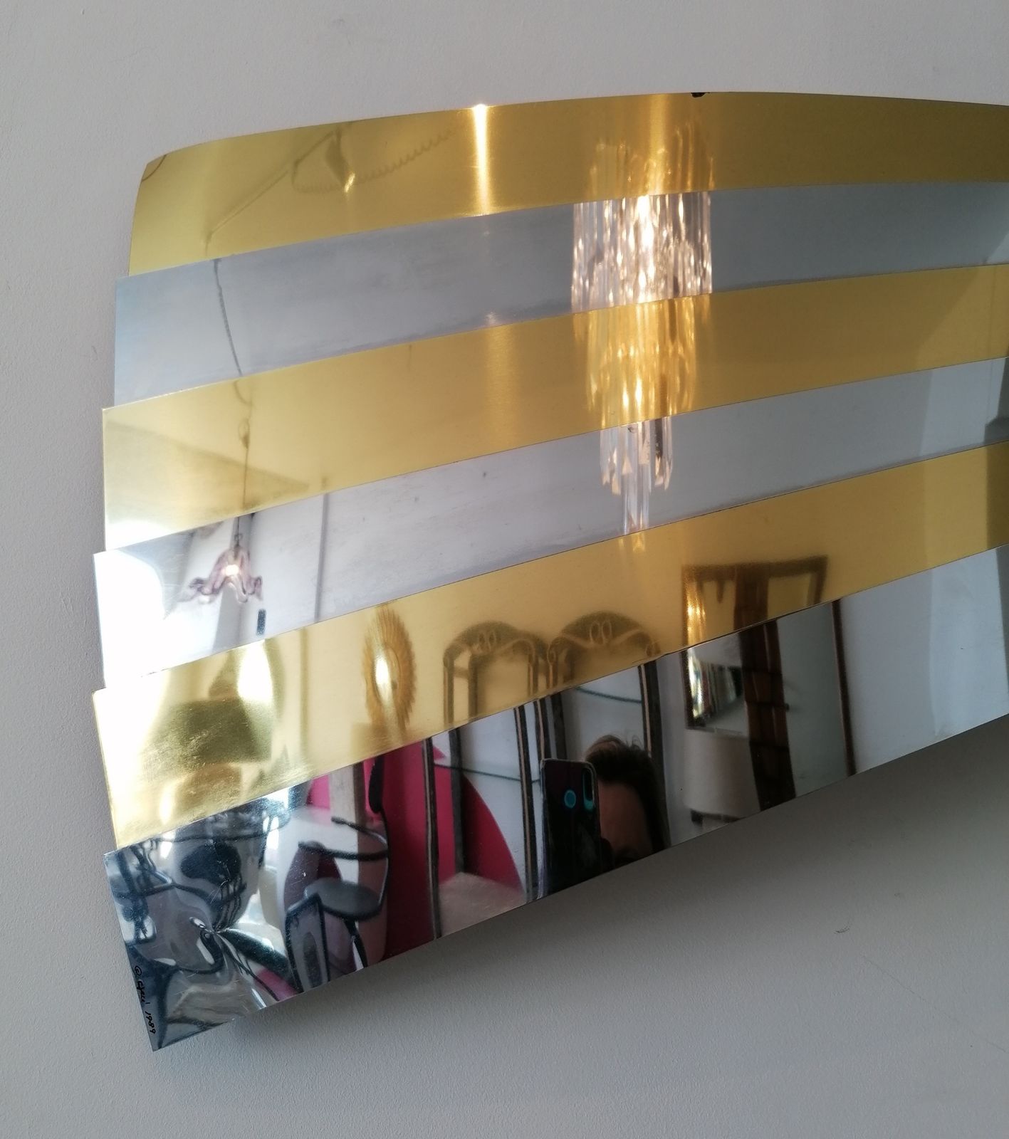 Rare 1989 Postmodern Gold & Chrome Ribbon Wall Sculpture By Curtis Jere, USA photo for sale