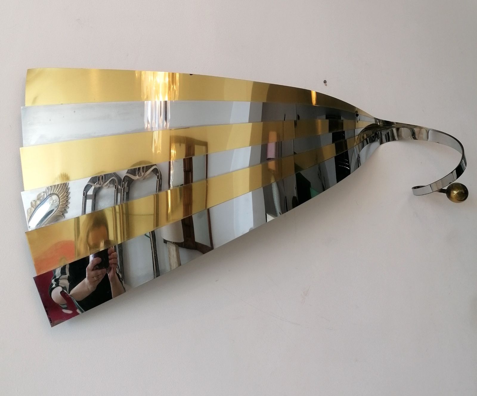 Rare 1989 Postmodern Gold & Chrome Ribbon Wall Sculpture By Curtis Jere, USA photo 675.0