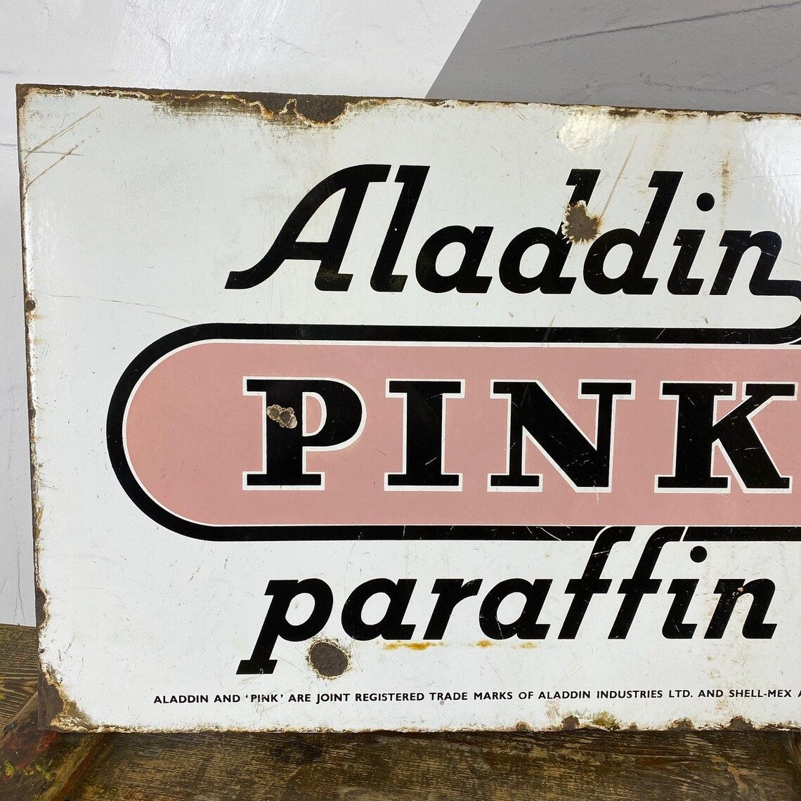 Vintage Aladdin Pink Enamel Metal Sign Advertising photo furniture